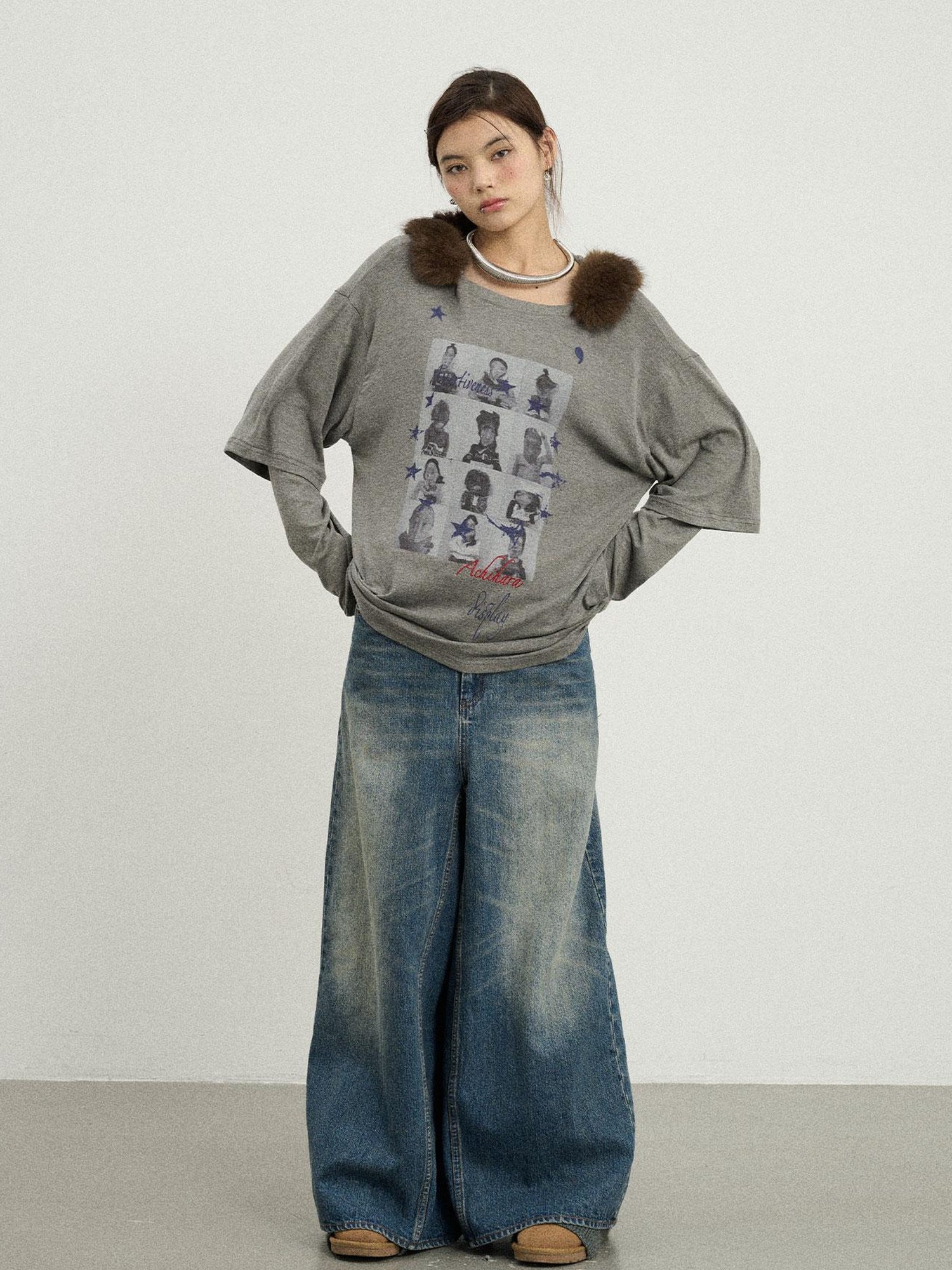 Achihara Vintage Washed Denim Kangaroo Skirt Pants