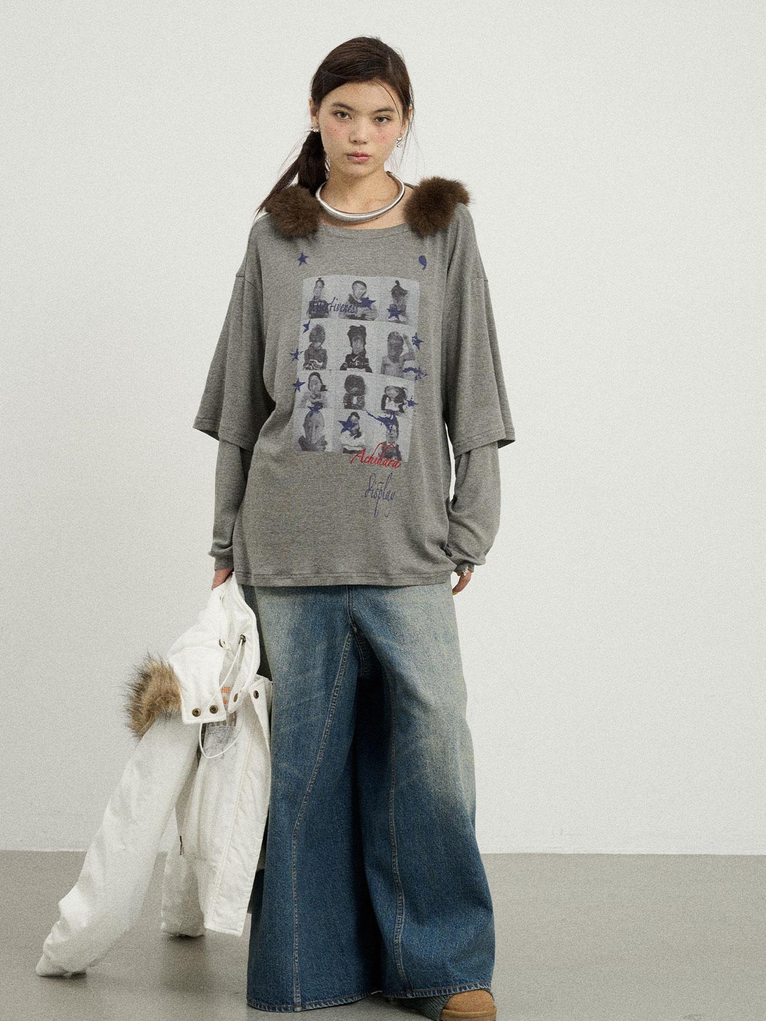 Achihara Vintage Washed Denim Kangaroo Skirt Pants