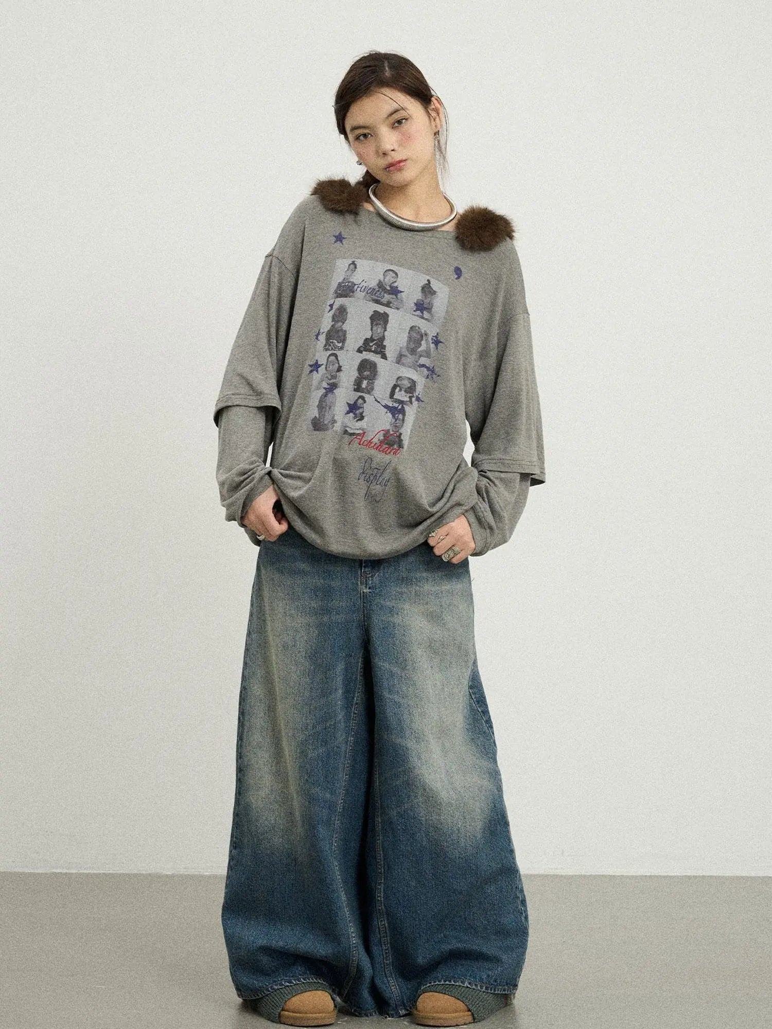 Vintage Washed Denim Kangaroo Skirt Pants