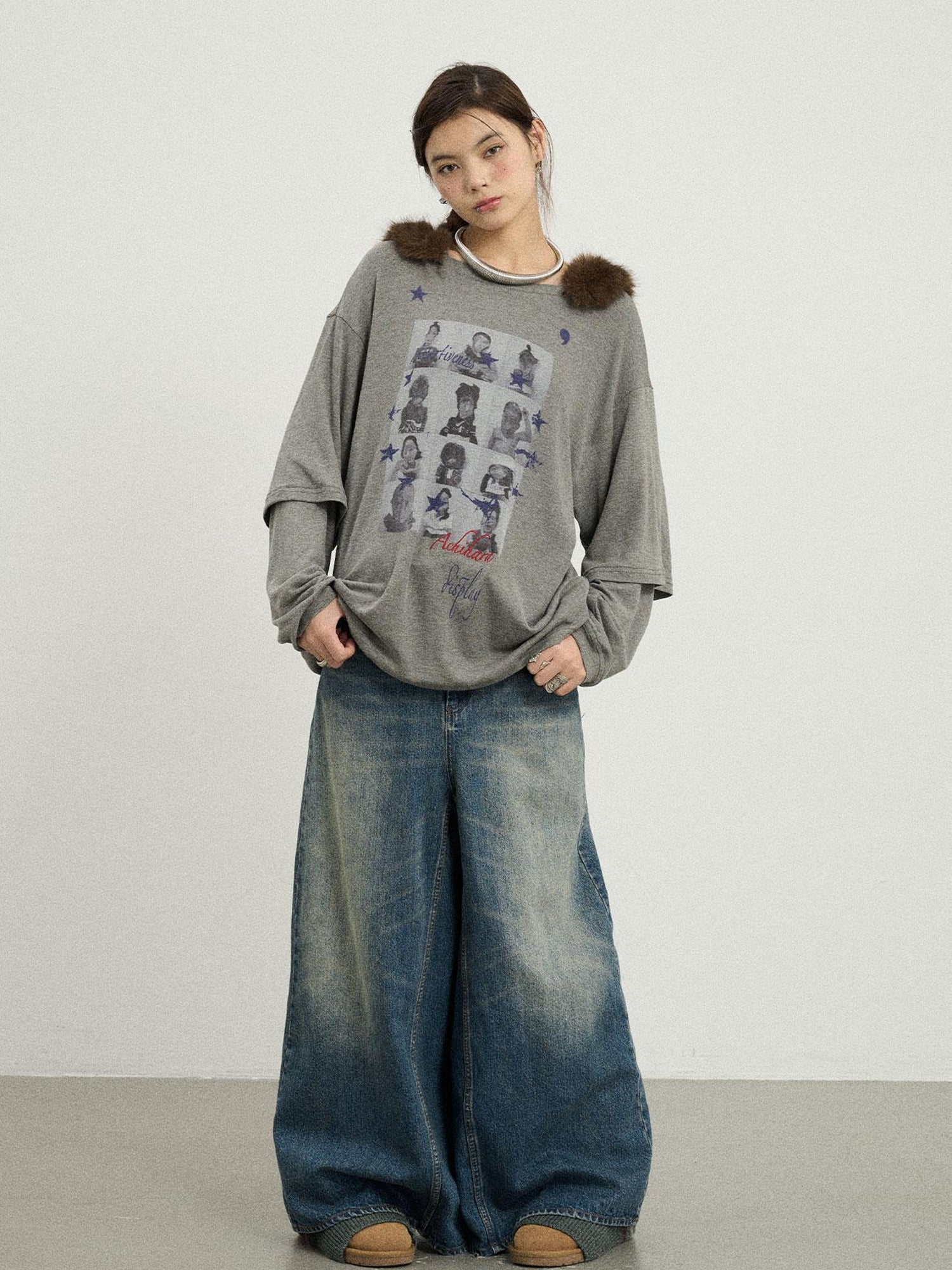 Achihara Vintage Washed Denim Kangaroo Skirt Pants