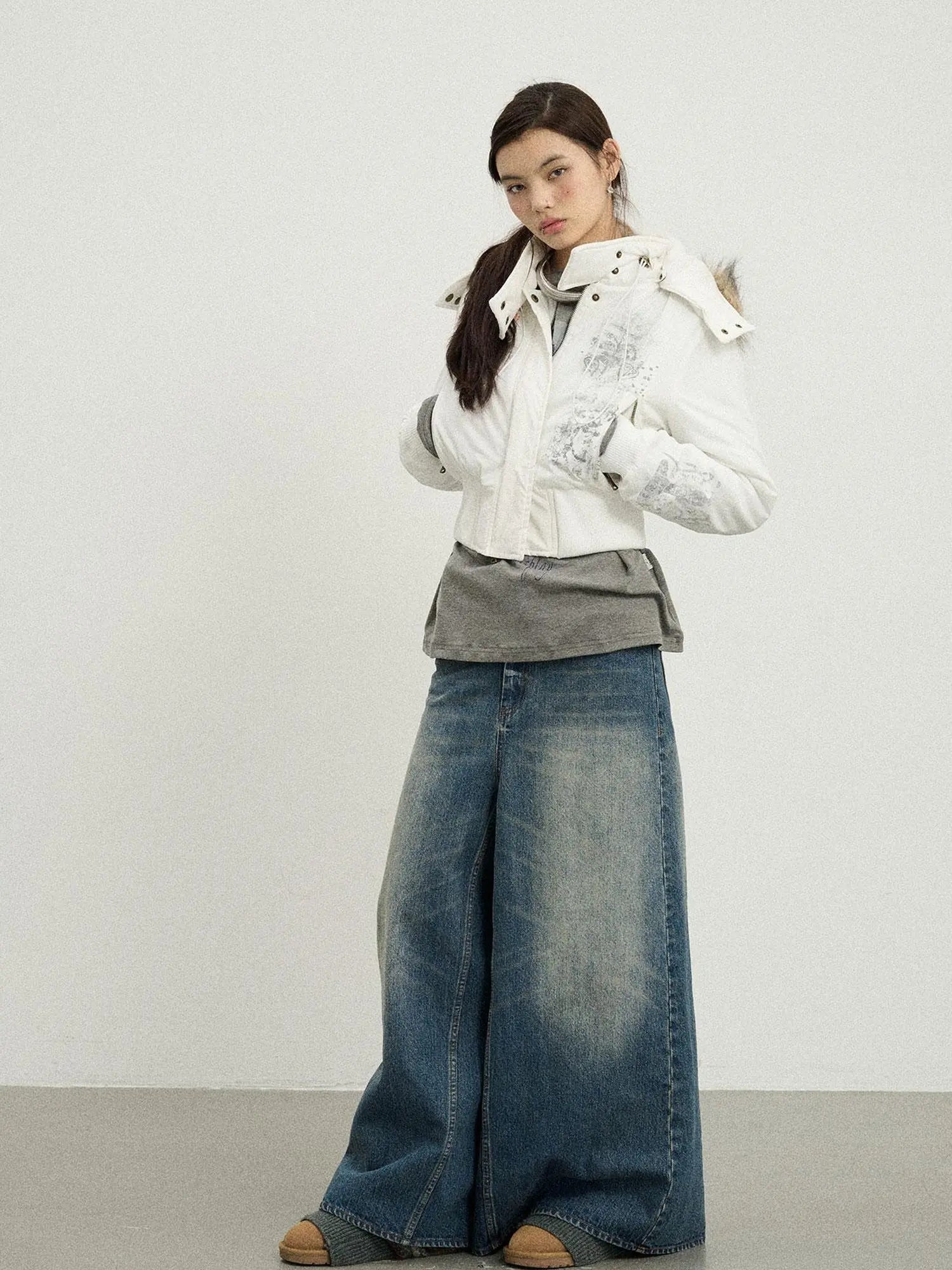 Vintage Washed Denim Kangaroo Skirt Pants