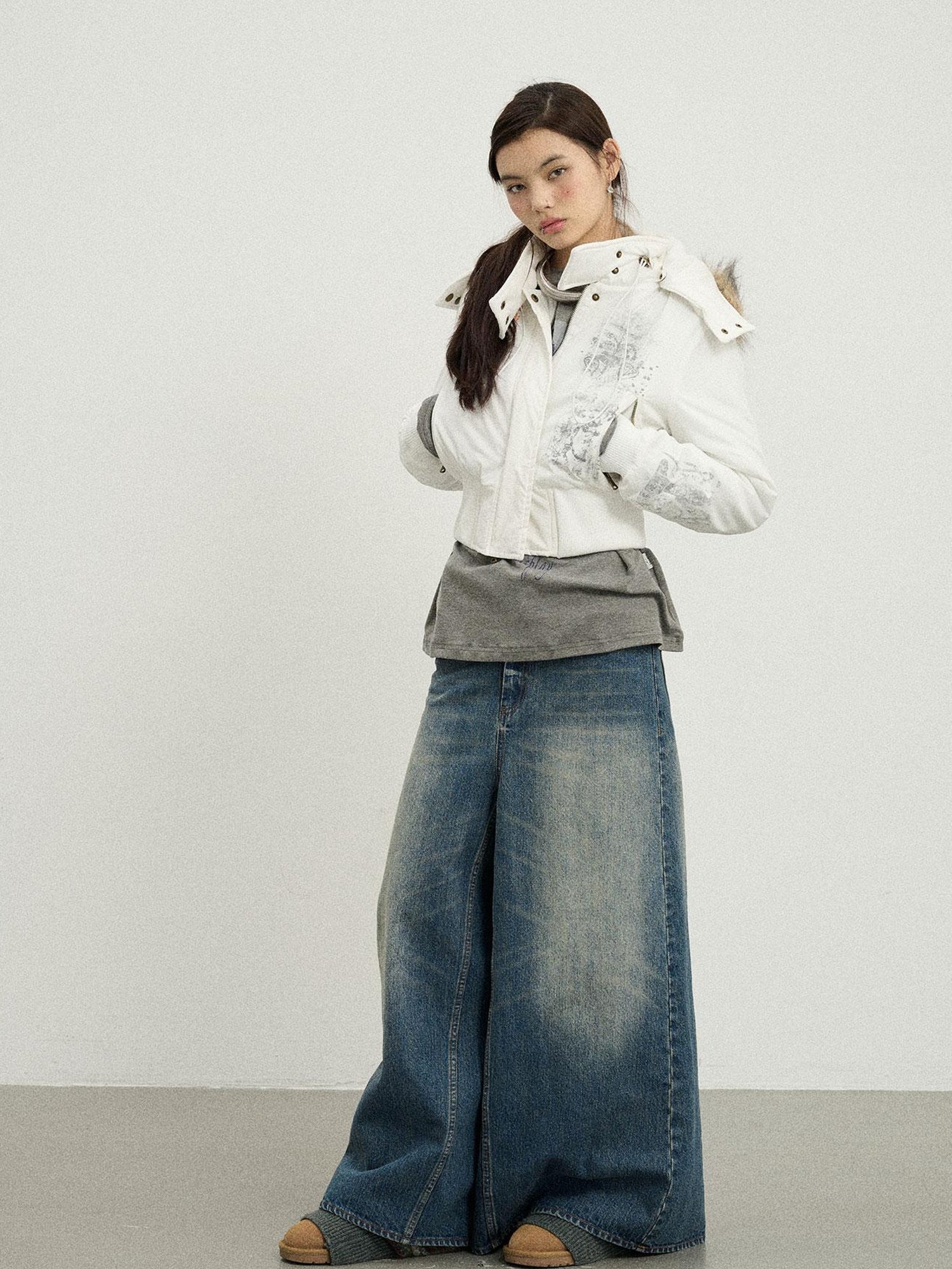 Achihara Vintage Washed Denim Kangaroo Skirt Pants