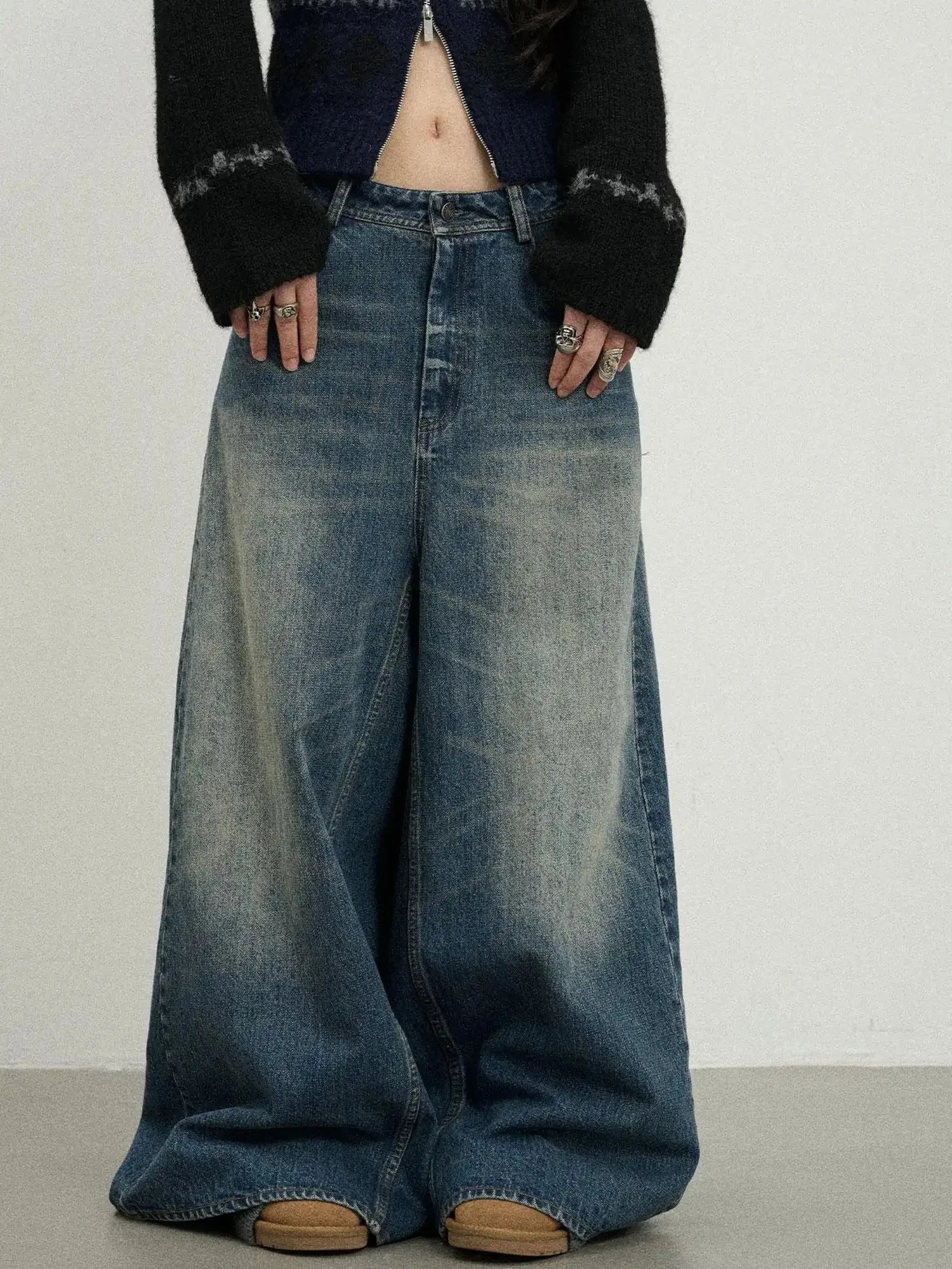Vintage Washed Denim Kangaroo Skirt Pants