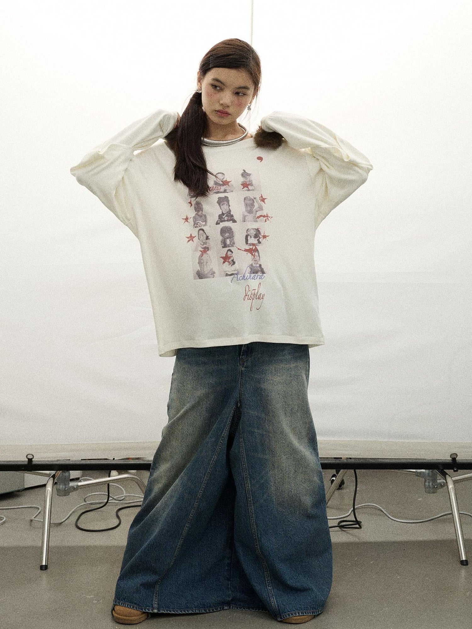Achihara Vintage Washed Denim Kangaroo Skirt Pants