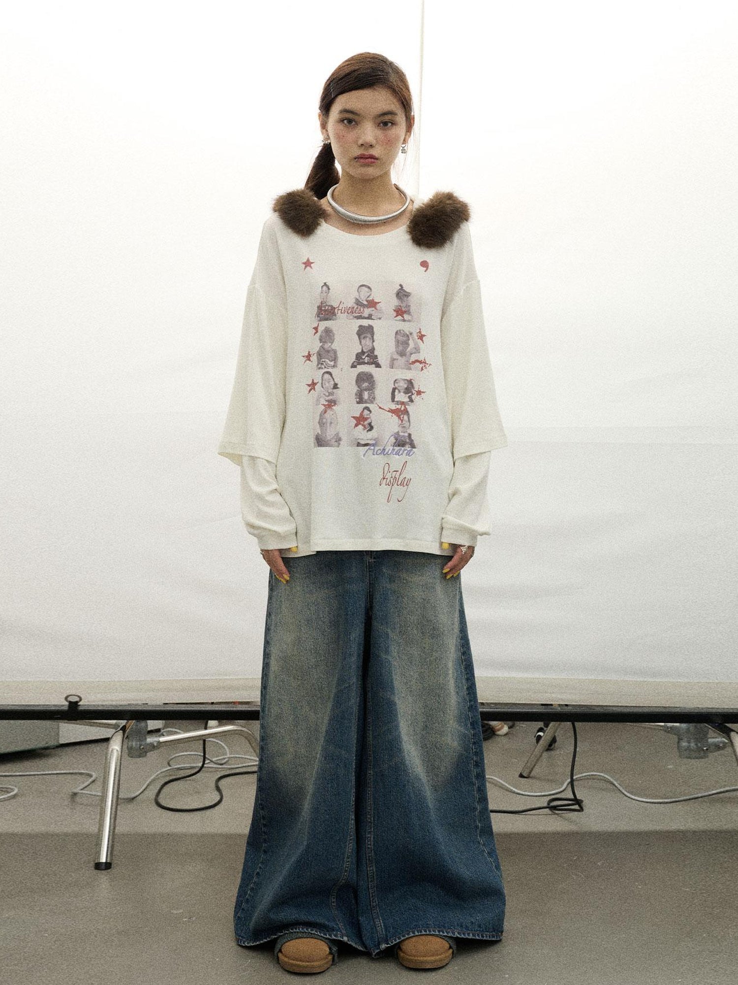 Achihara Vintage Washed Denim Kangaroo Skirt Pants