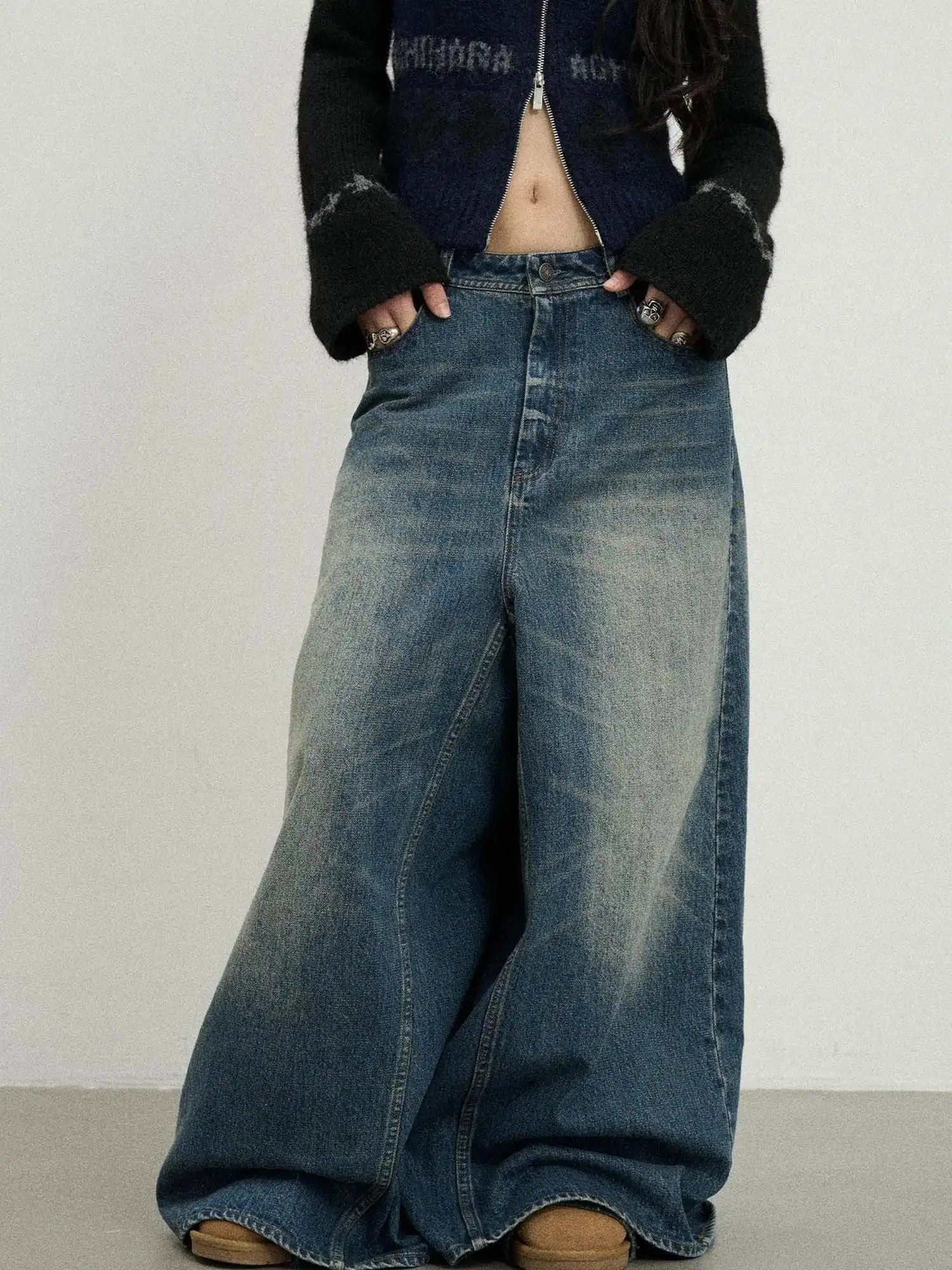 Vintage Washed Denim Kangaroo Skirt Pants