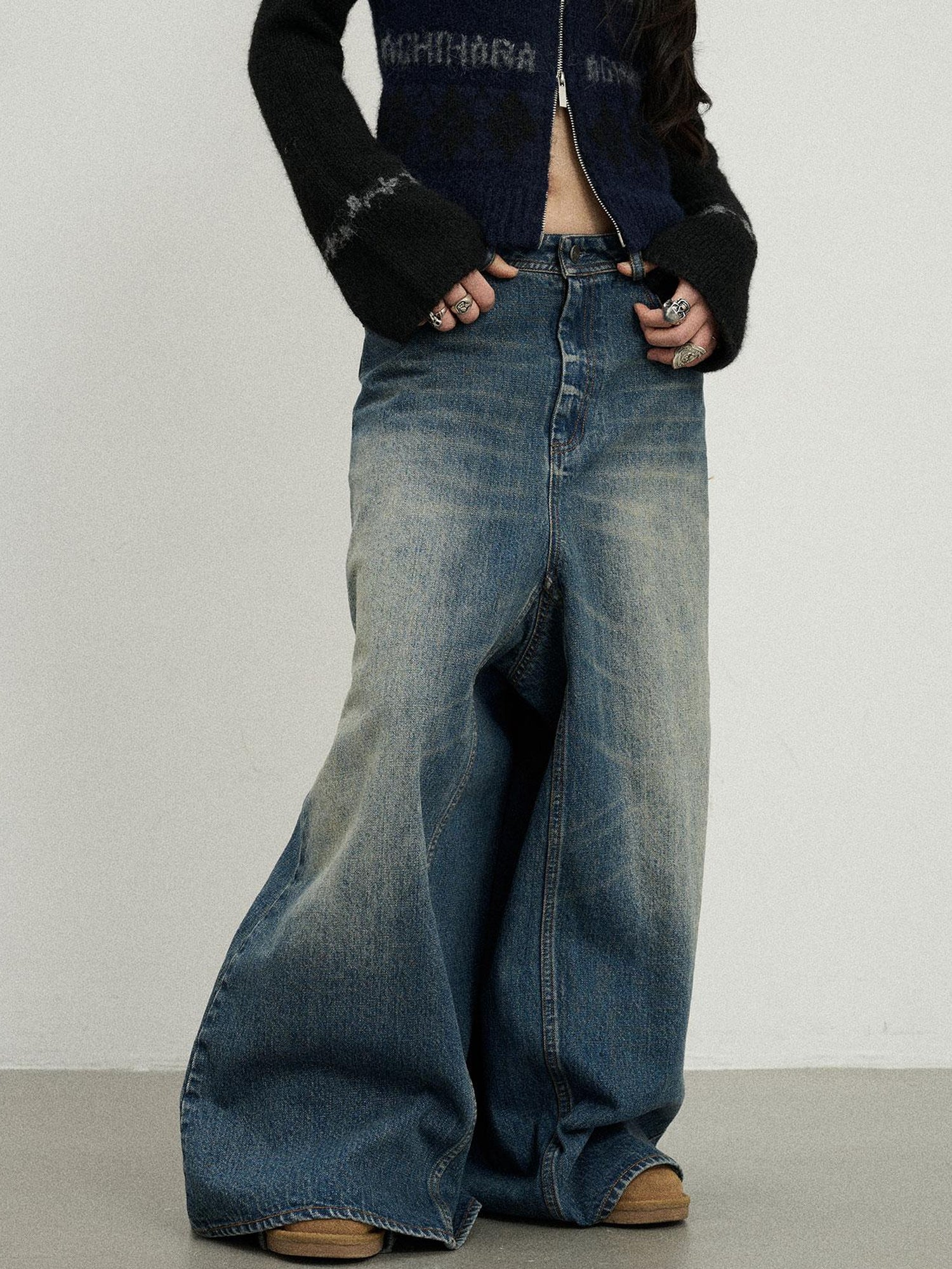 Achihara Vintage Washed Denim Kangaroo Skirt Pants