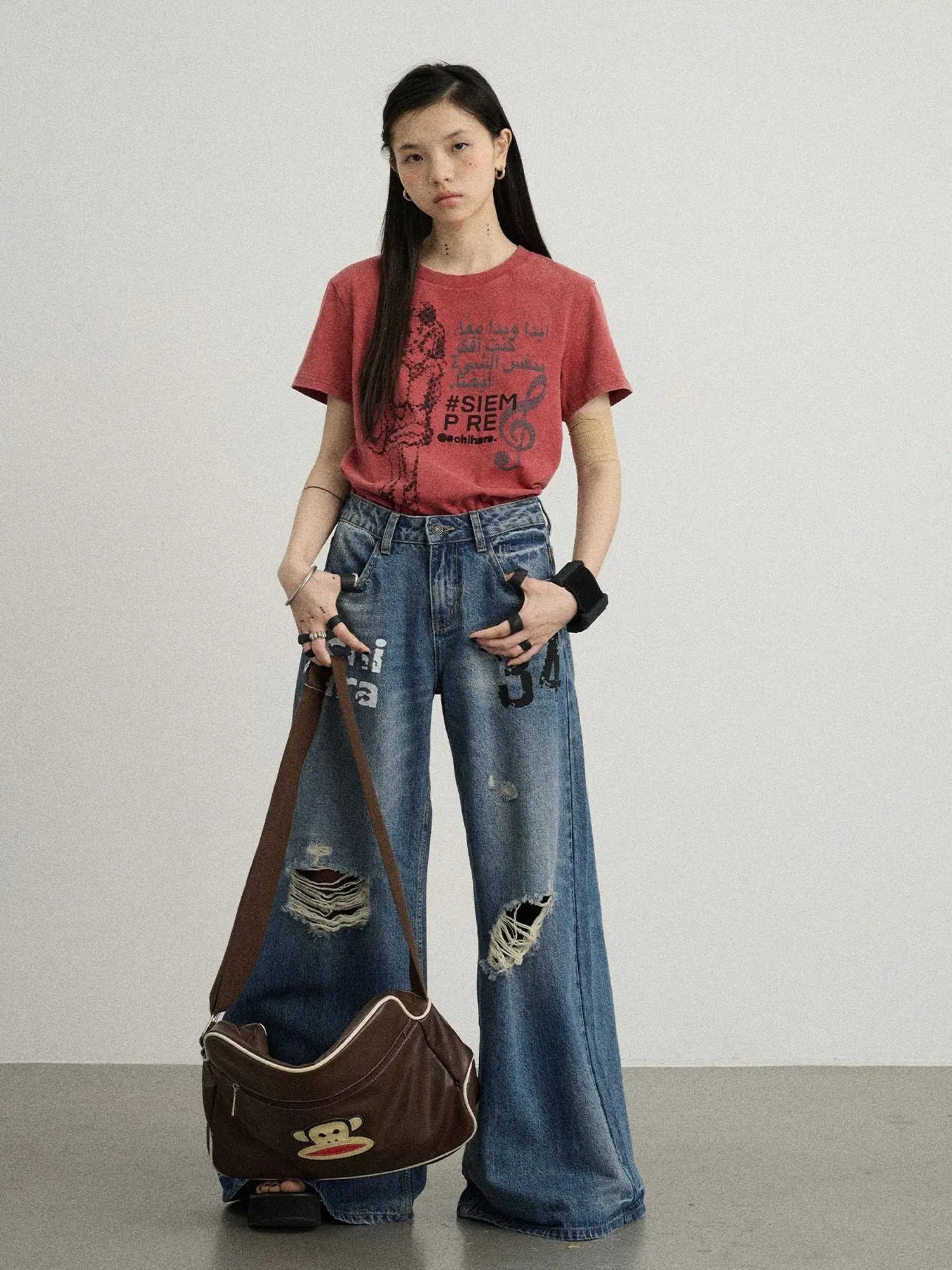 Vintage Washed Wide Leg Jeans With Distressed Details