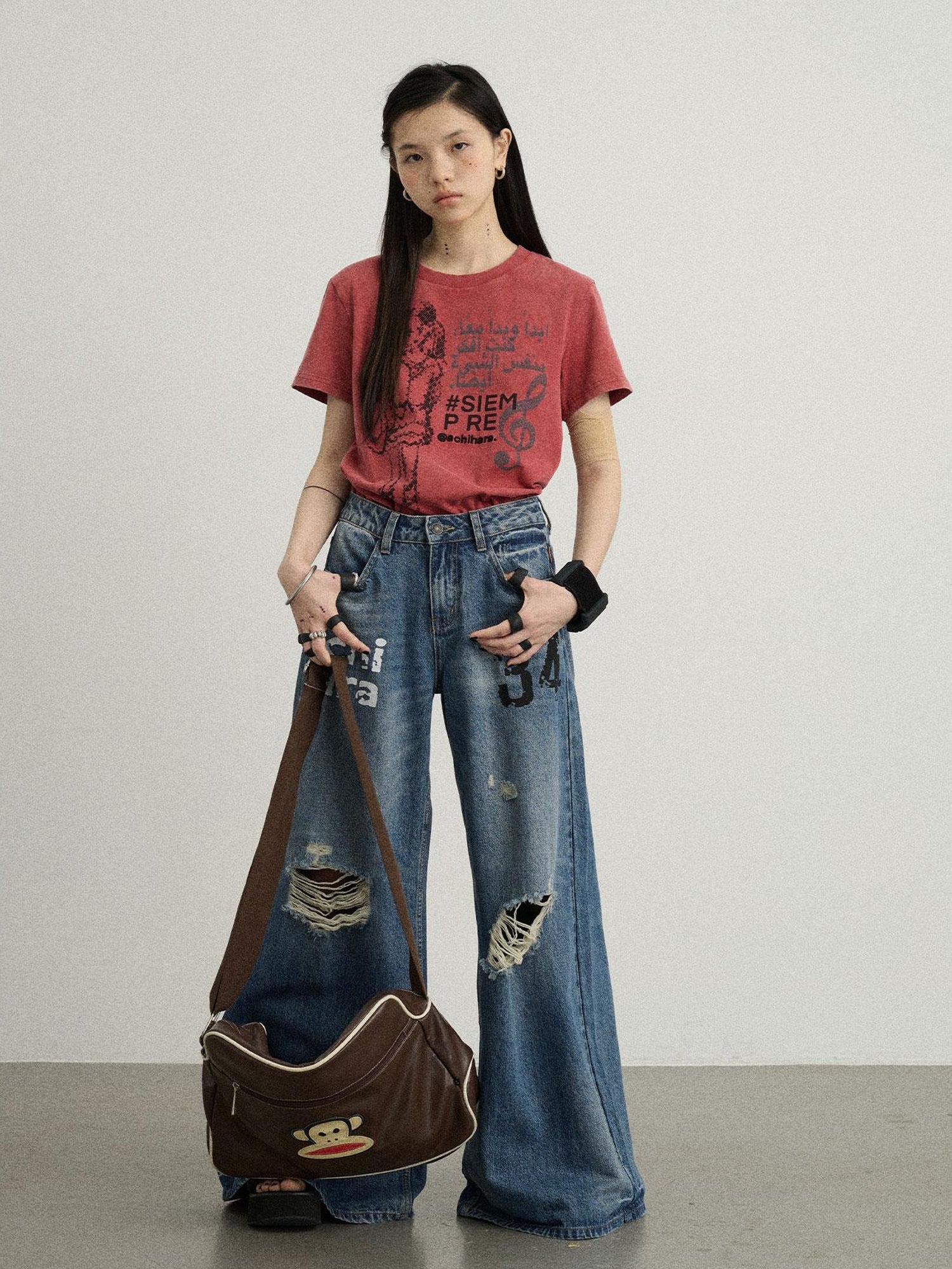 Achihara Vintage Washed Wide Leg Jeans With Distressed Details