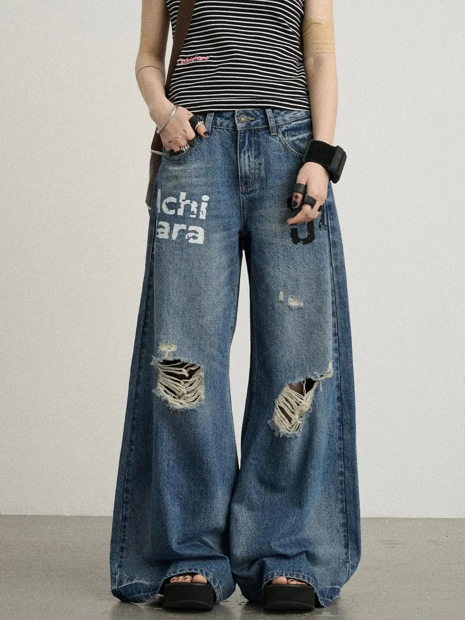 Vintage Washed Wide Leg Jeans With Distressed Details