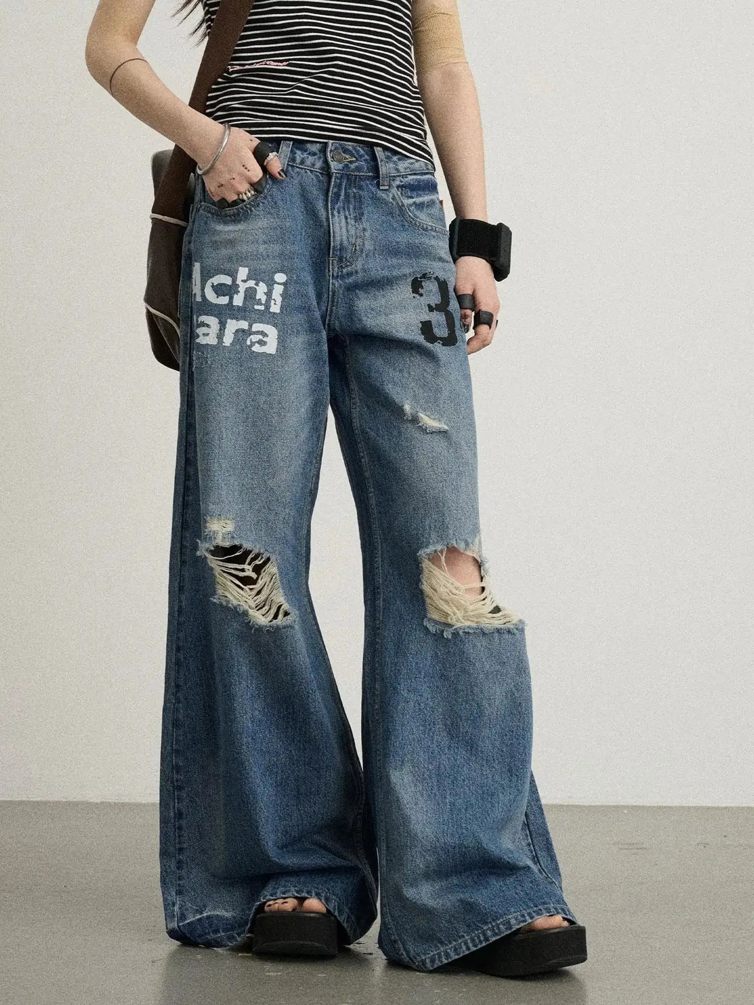 Vintage Washed Wide Leg Jeans With Distressed Details