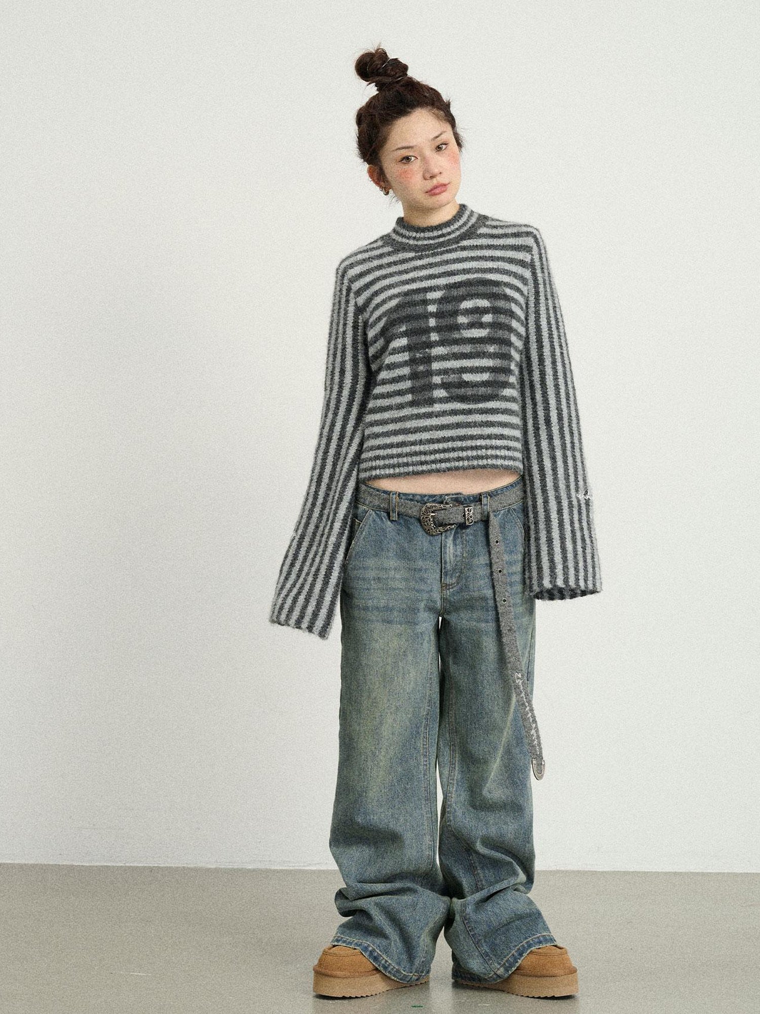Achihara Vintage Wide Leg Denim Trousers With Retro Wash