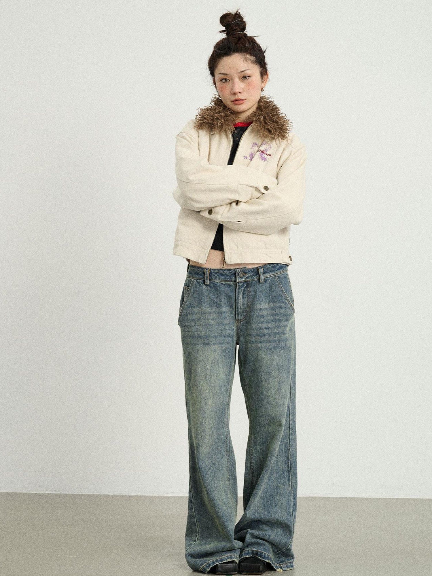 Achihara Vintage Wide Leg Denim Trousers With Retro Wash