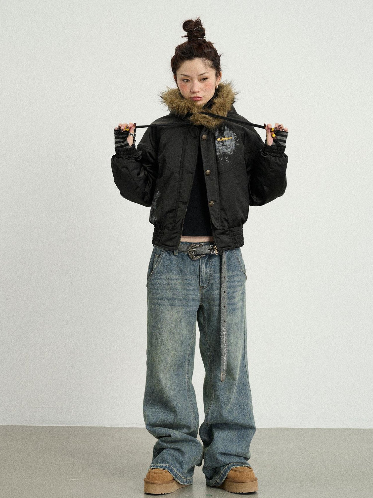 Achihara Vintage Wide Leg Denim Trousers With Retro Wash