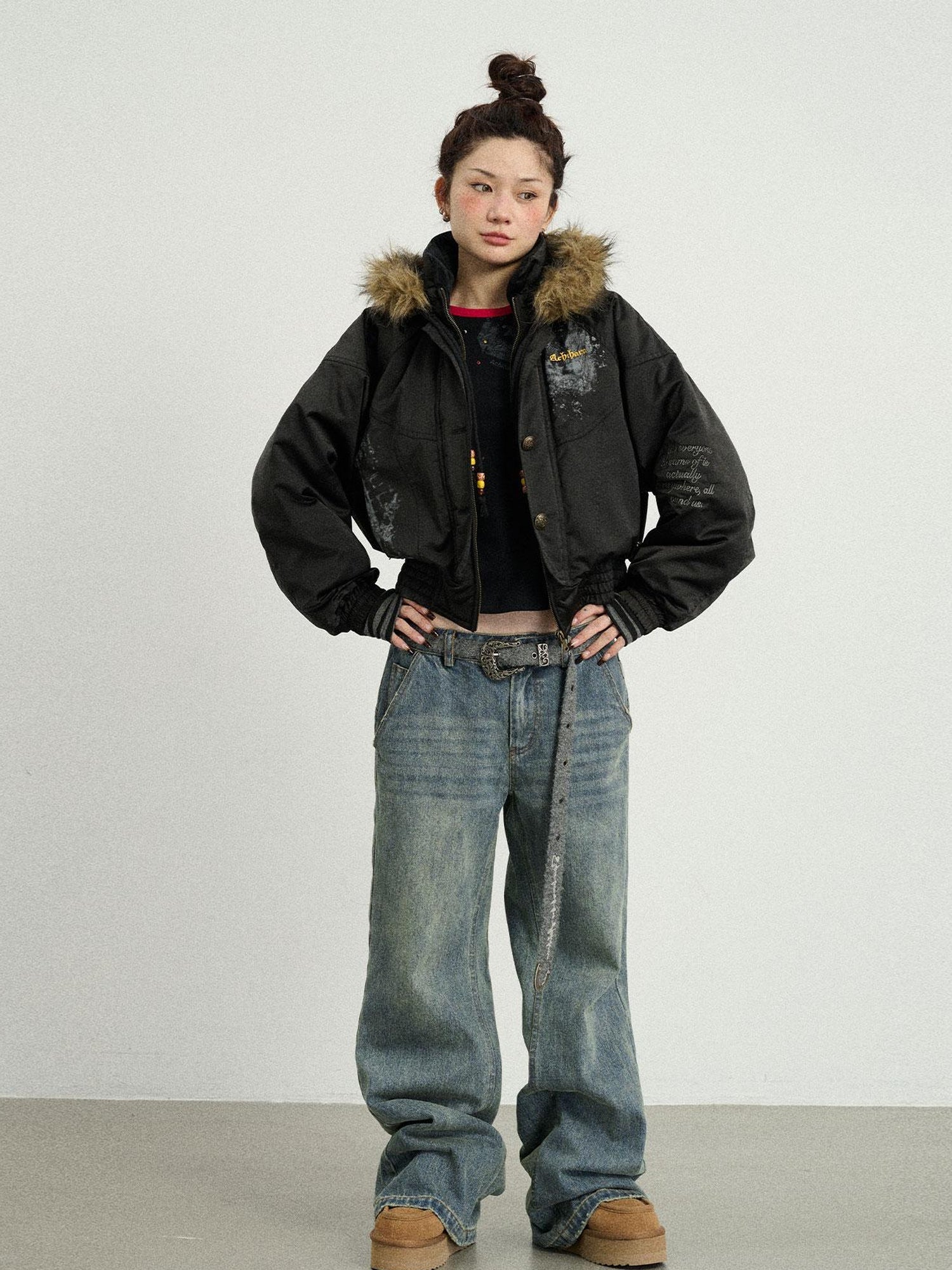 Achihara Vintage Wide Leg Denim Trousers With Retro Wash