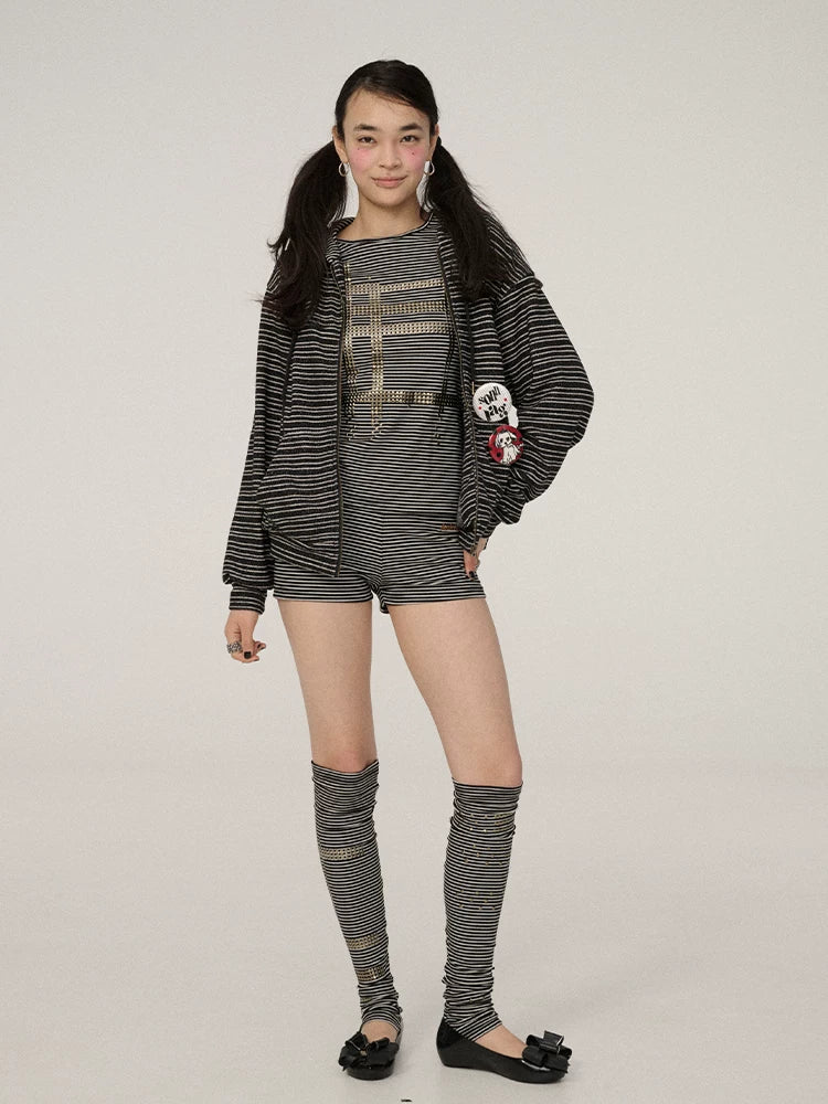 Achihara Viscose Blend Knit Commuter Straight Fit Hooded Zip Women Striped Hoodies-4