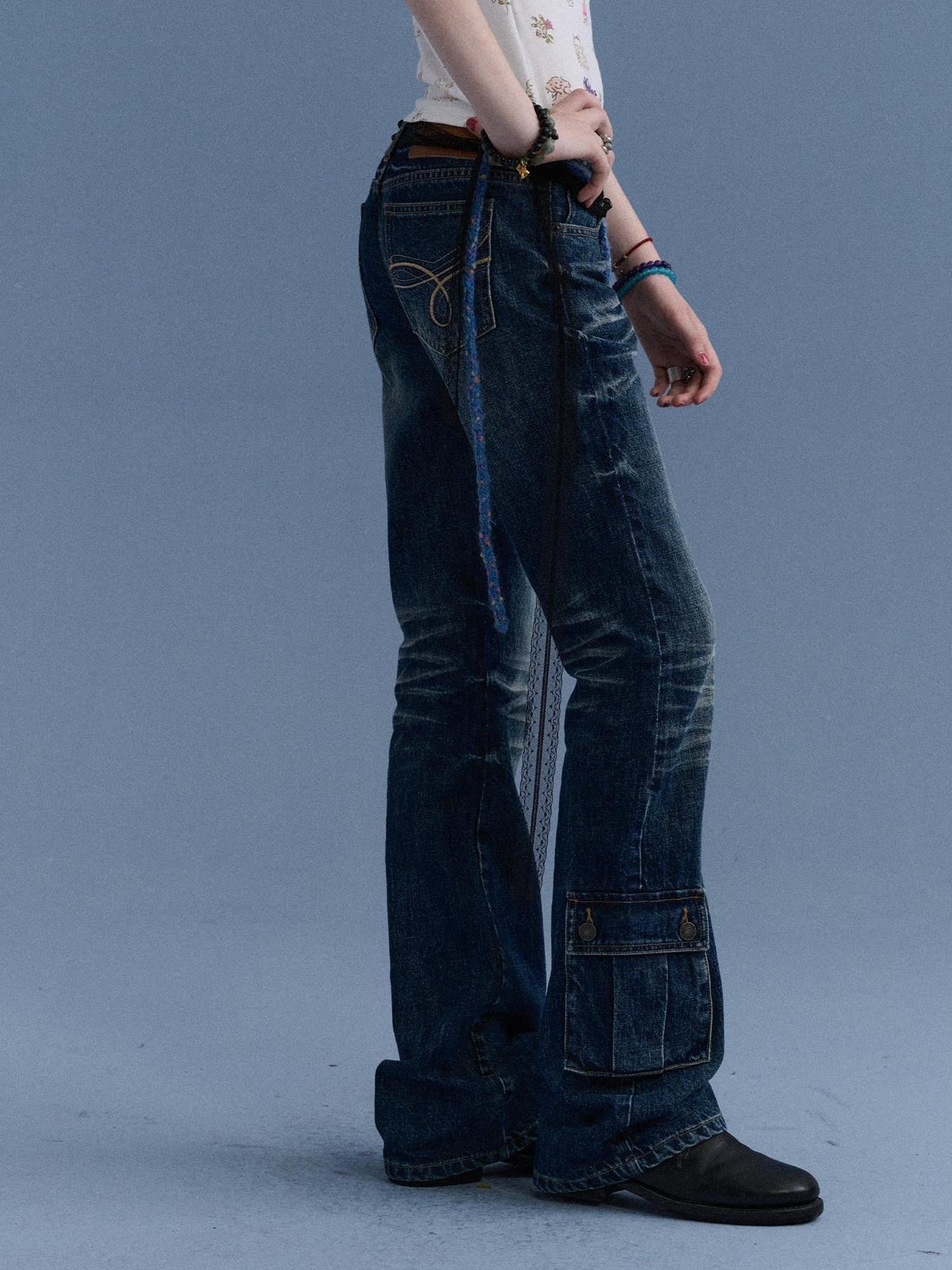 Achihara Washed Blue Distressed Low Rise Micro Flare Women&