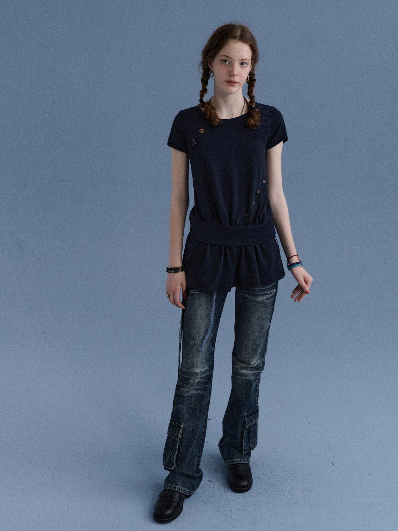 Achihara Washed Blue Distressed Low Rise Micro Flare Women&