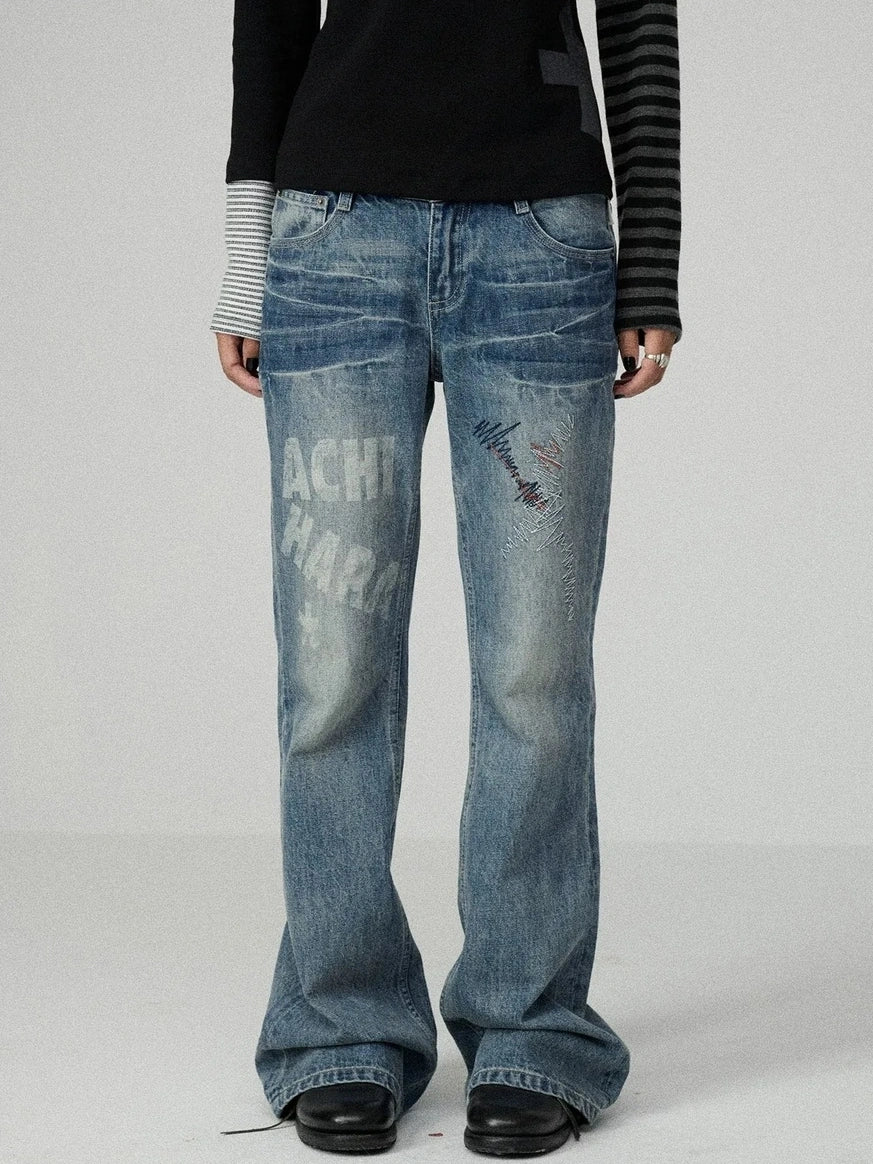 Achihara Washed Blue Low Rise Slim Fit Non Stretch Cotton Denim Letter Print Women Jeans