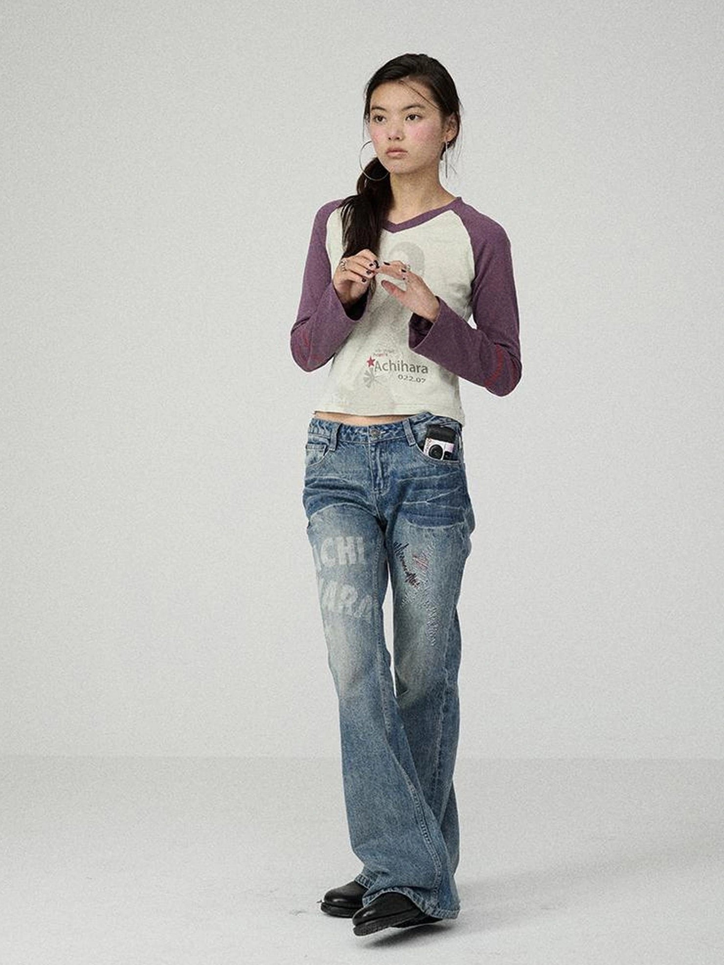 Achihara Washed Blue Low Rise Slim Fit Non Stretch Cotton Denim Letter Print Women Jeans