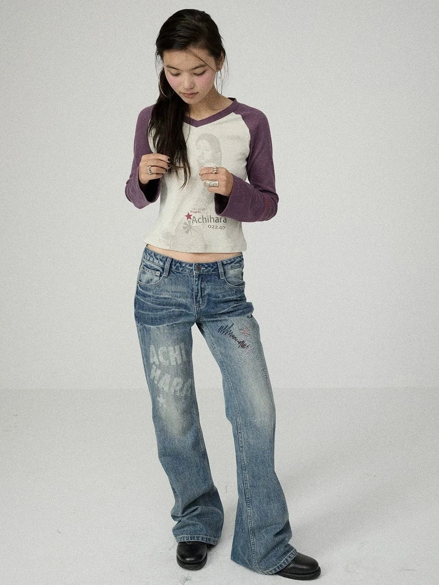 Achihara Washed Blue Low Rise Slim Fit Non Stretch Cotton Denim Letter Print Women Jeans