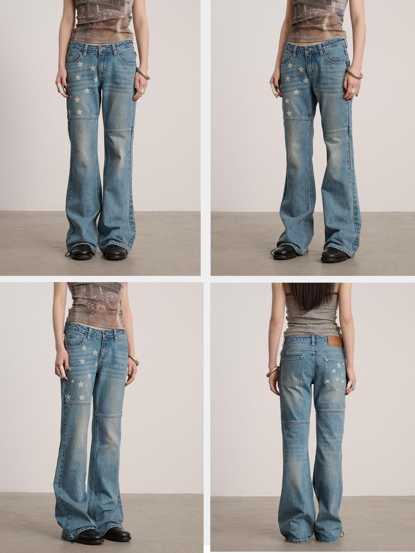 Achihara Washed Blue Star Detail Natural Waist Non Stretch Women Denim Straight Jeans