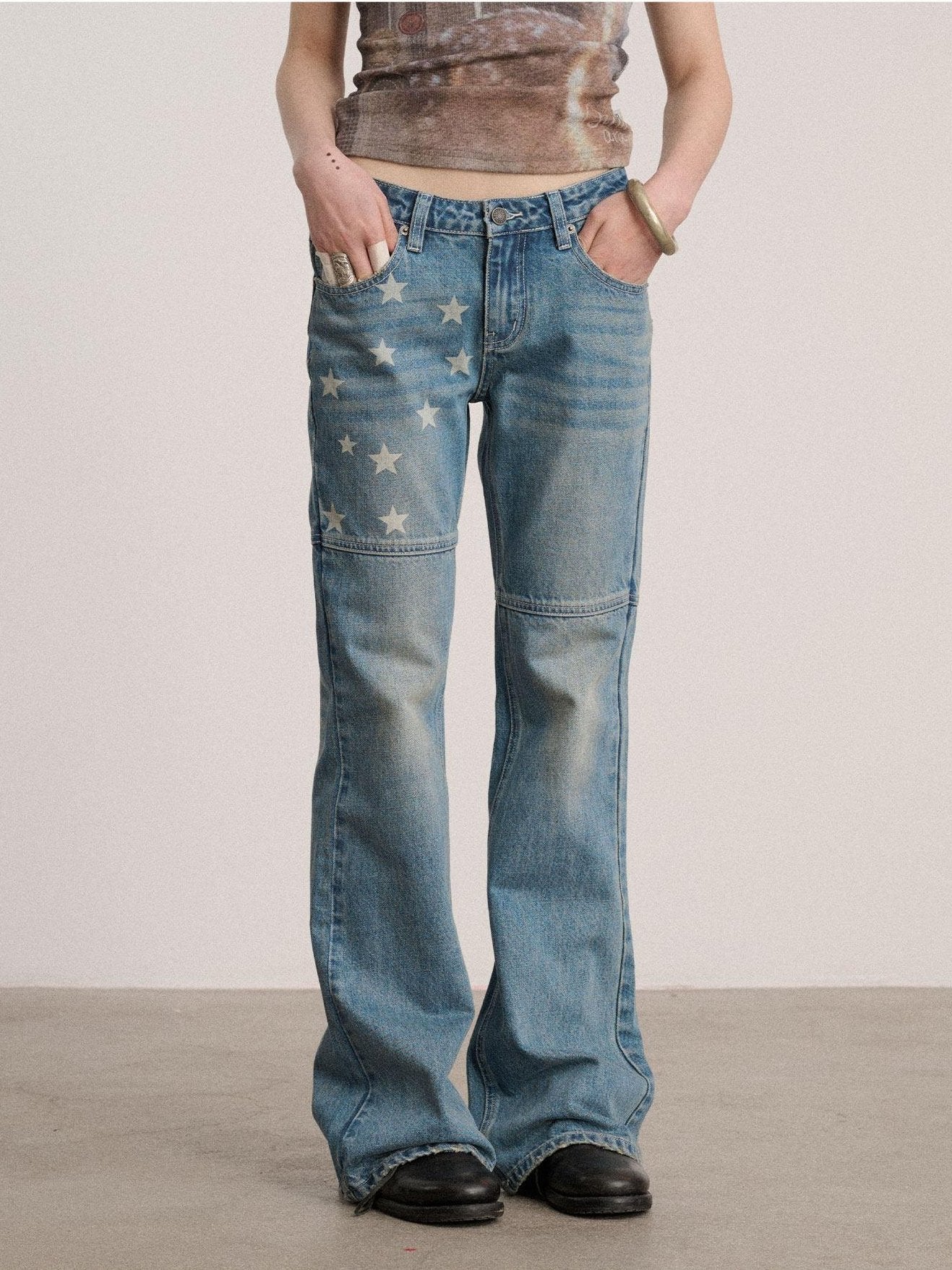 Achihara Washed Blue Star Detail Natural Waist Non Stretch Women Denim Straight Jeans