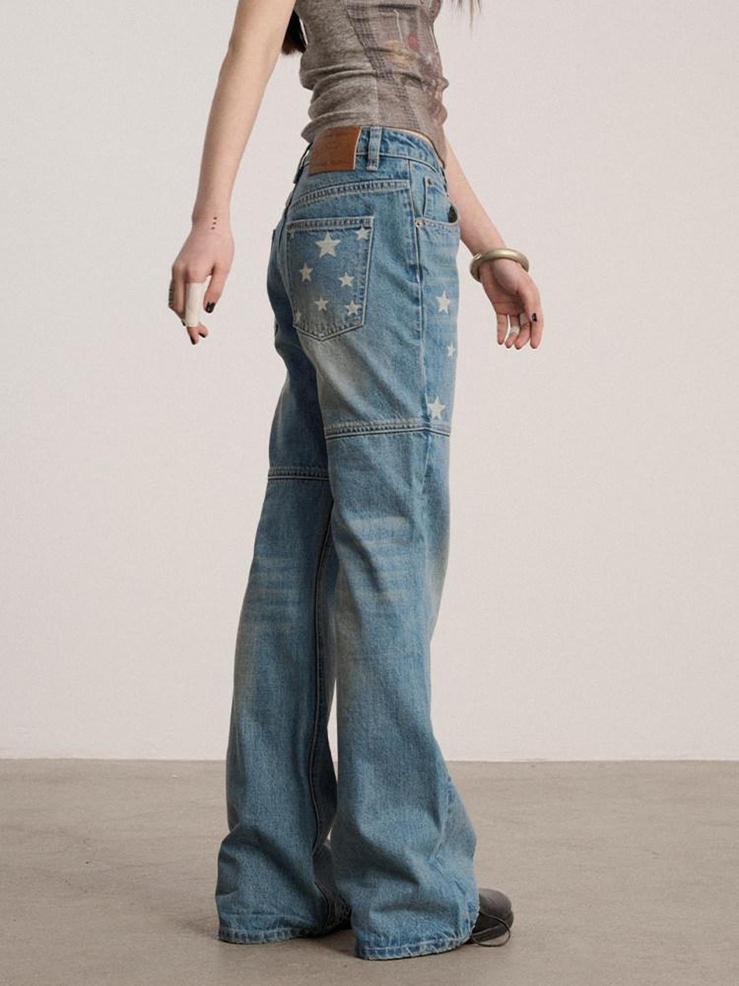 Achihara Washed Blue Star Detail Natural Waist Non Stretch Women Denim Straight Jeans