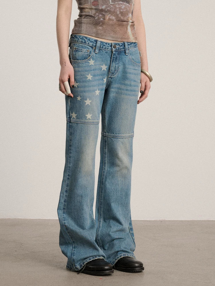 Achihara Washed Blue Star Detail Natural Waist Non Stretch Women Denim Straight Jeans-2