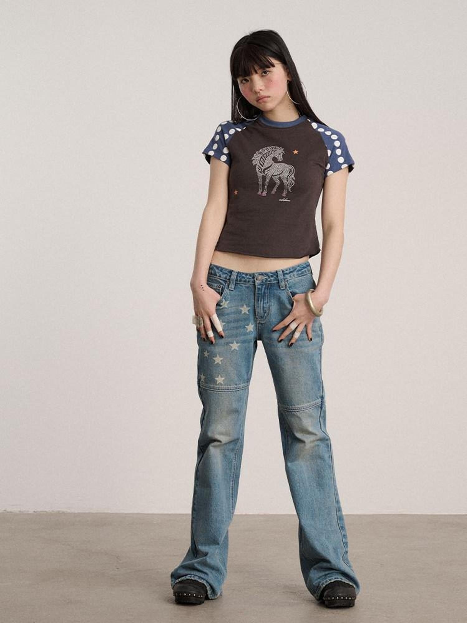 Achihara Washed Blue Star Detail Natural Waist Non Stretch Women Denim Straight Jeans
