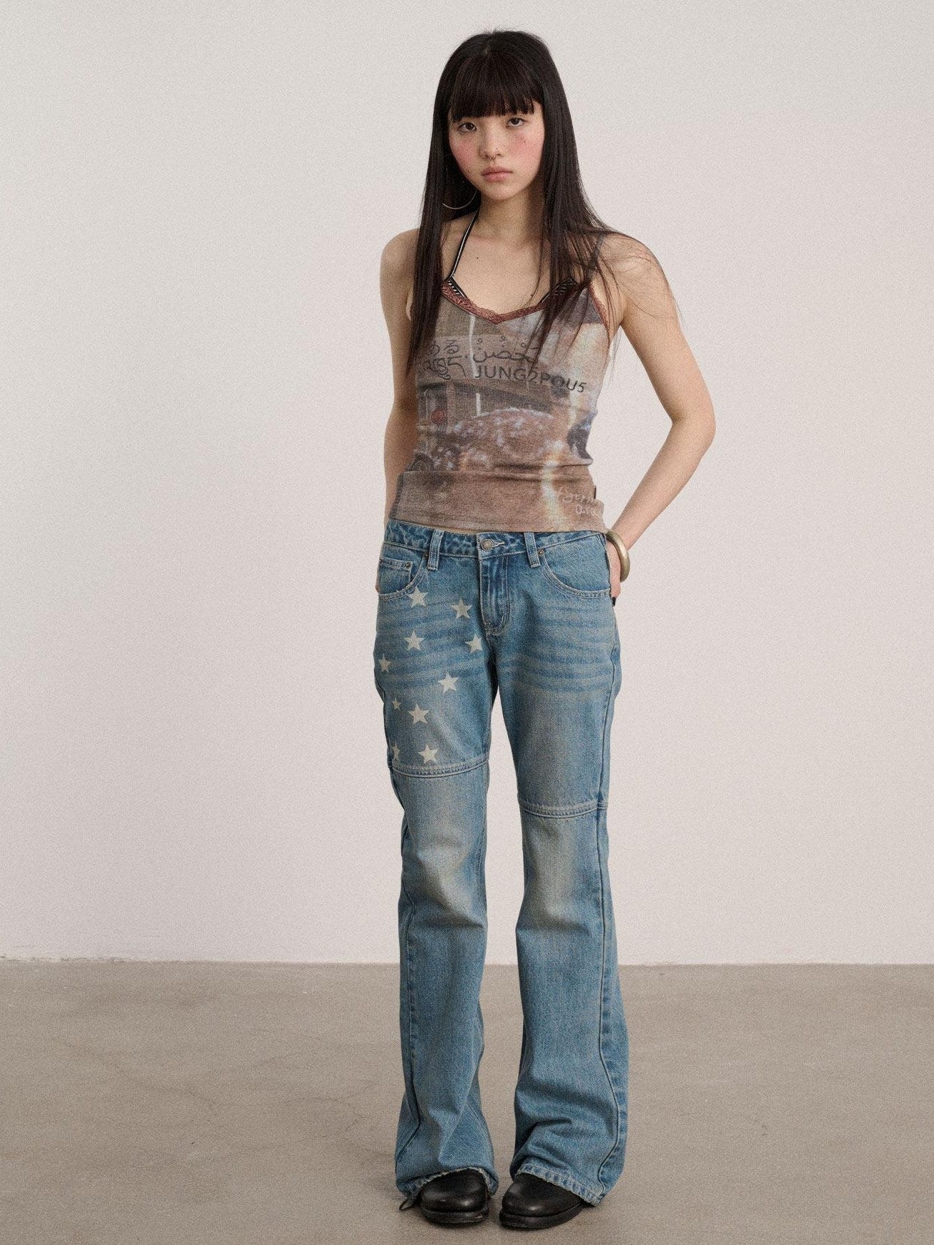 Achihara Washed Blue Star Detail Natural Waist Non Stretch Women Denim Straight Jeans