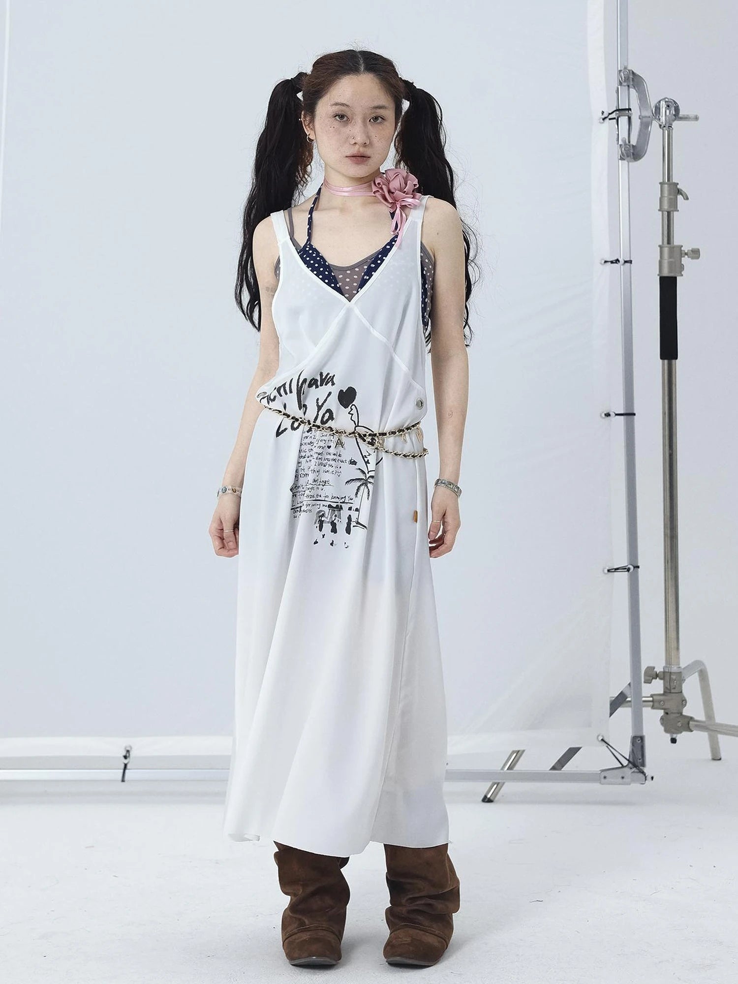 White Floral Print V-Neck Slip Dress Loose Fit Midi