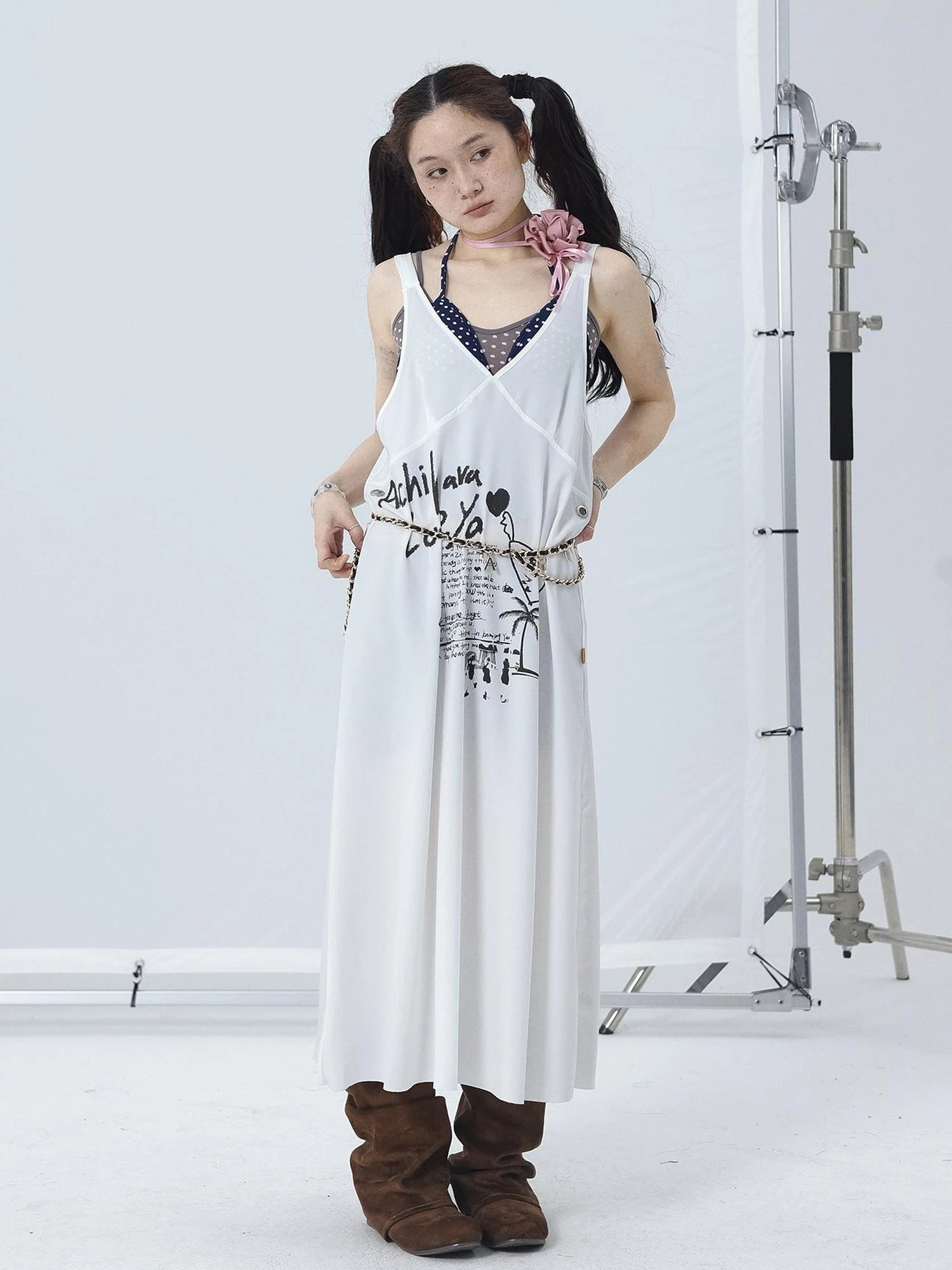 White Floral Print V-Neck Slip Dress Loose Fit Midi