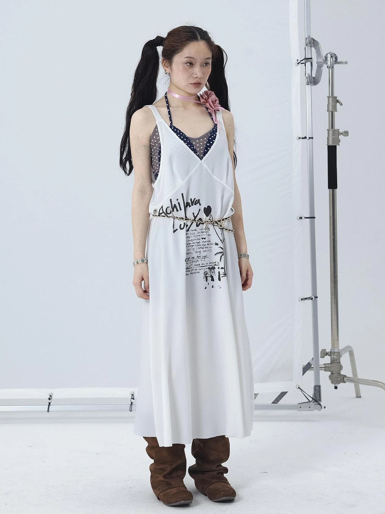 White Floral Print V-Neck Slip Dress Loose Fit Midi