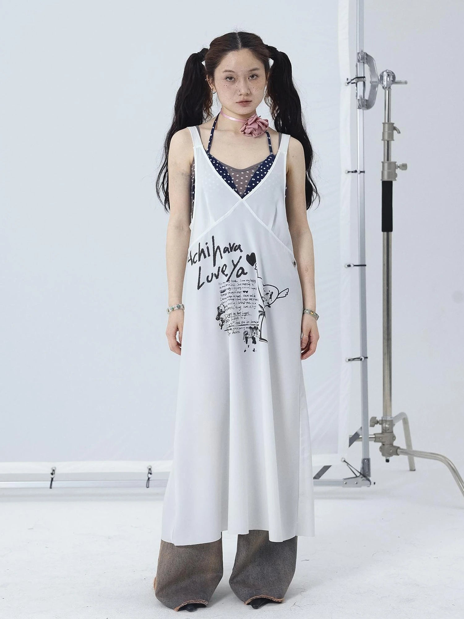 White Floral Print V-Neck Slip Dress Loose Fit Midi