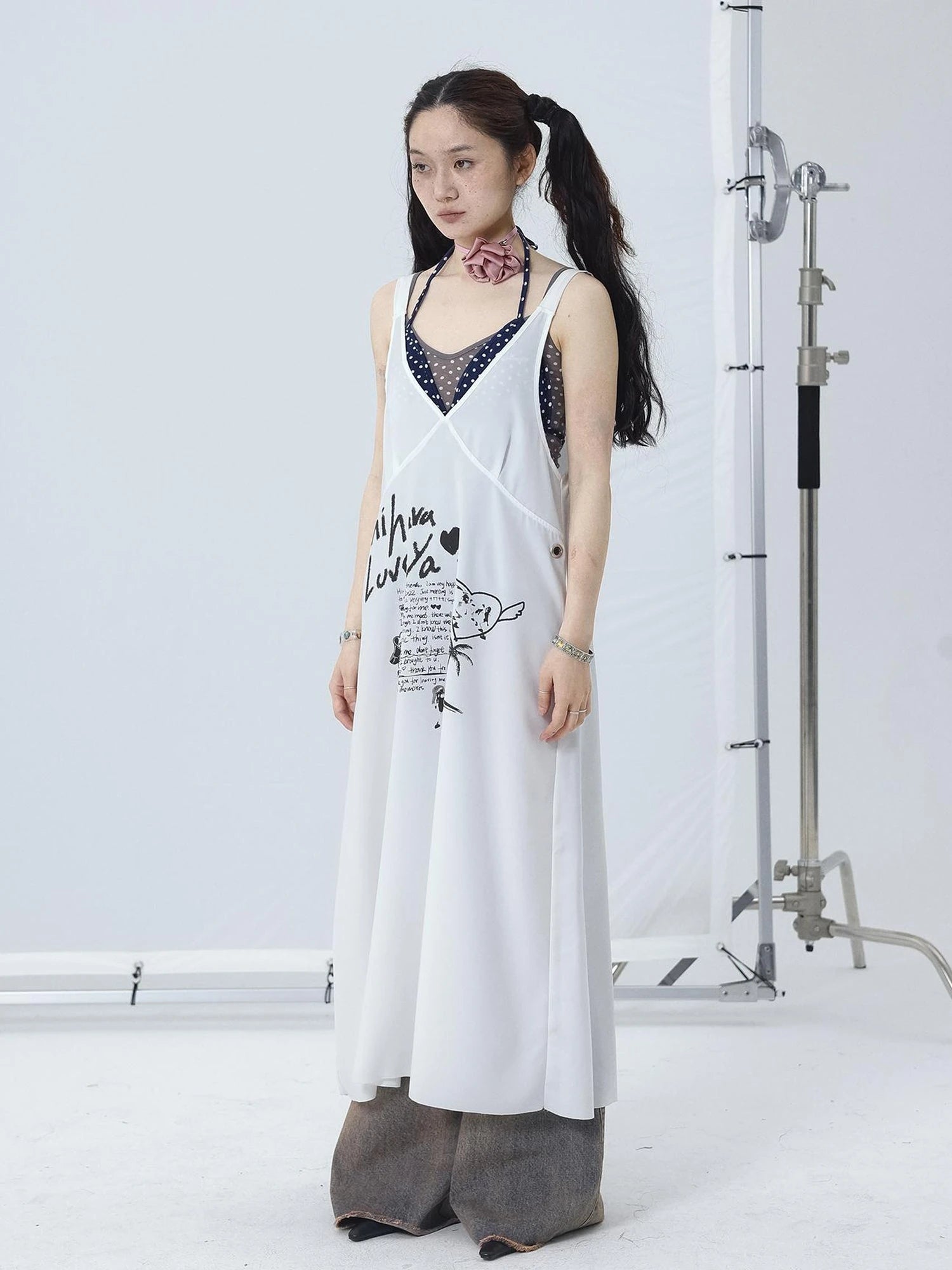 White Floral Print V-Neck Slip Dress Loose Fit Midi