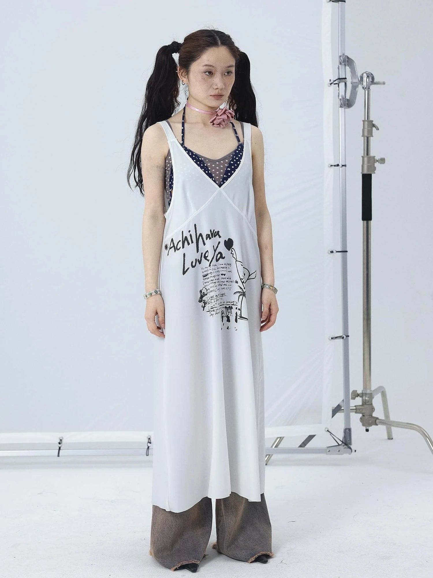 White Floral Print V-Neck Slip Dress Loose Fit Midi