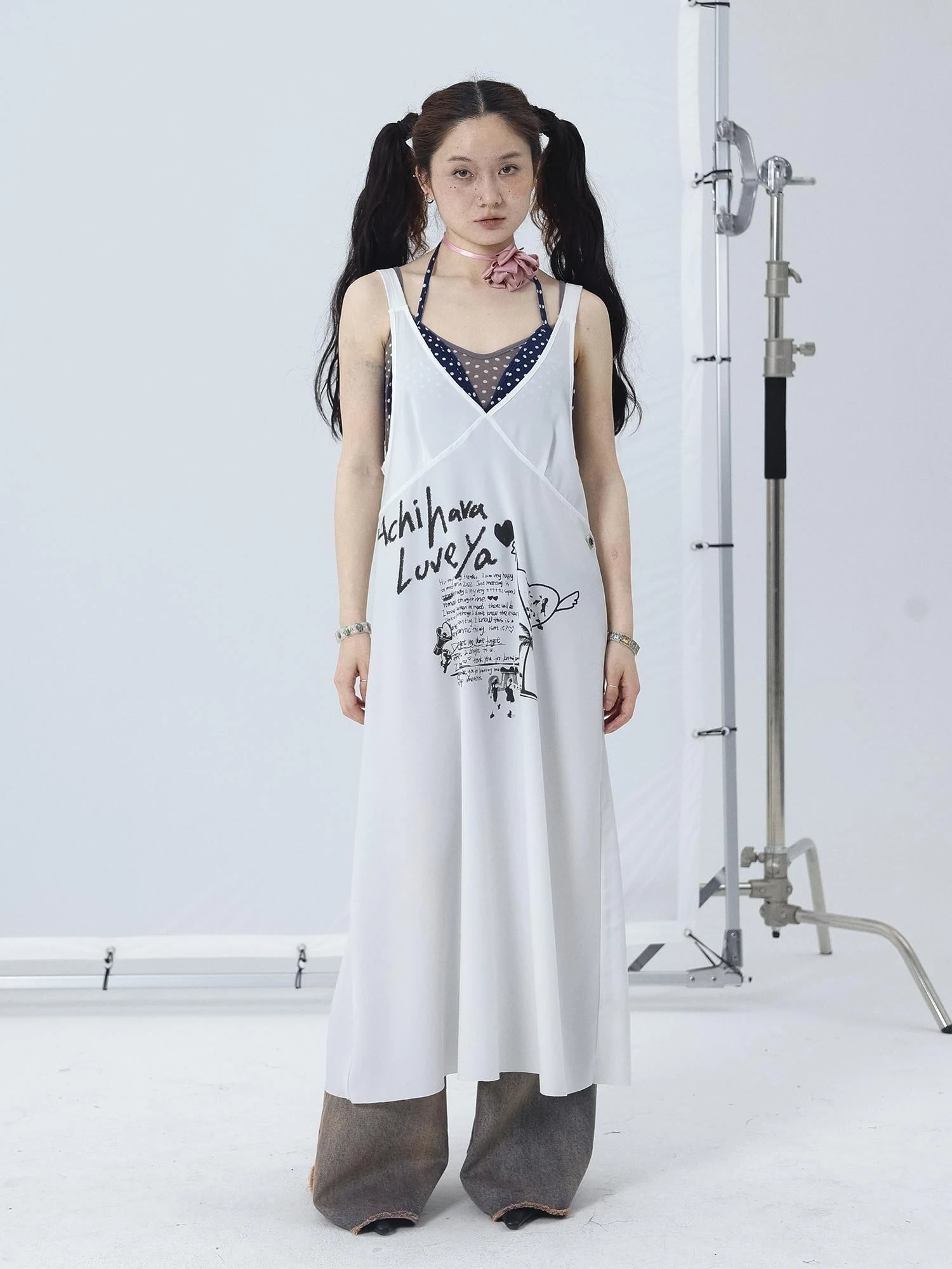 White Floral Print V-Neck Slip Dress Loose Fit Midi