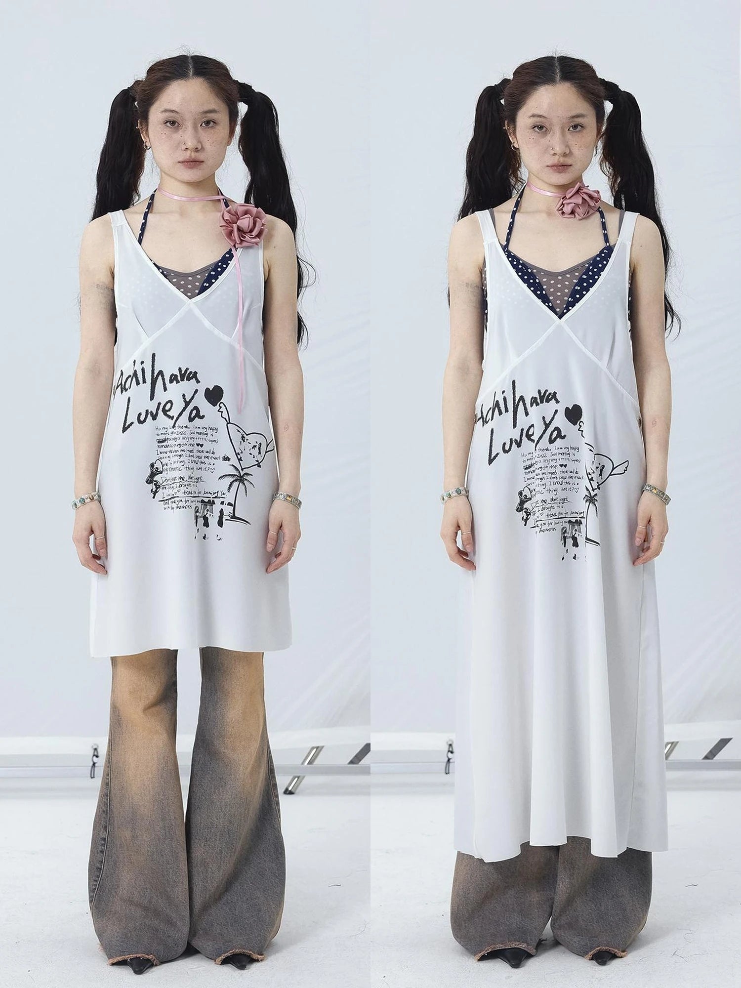 White Floral Print V-Neck Slip Dress Loose Fit Midi