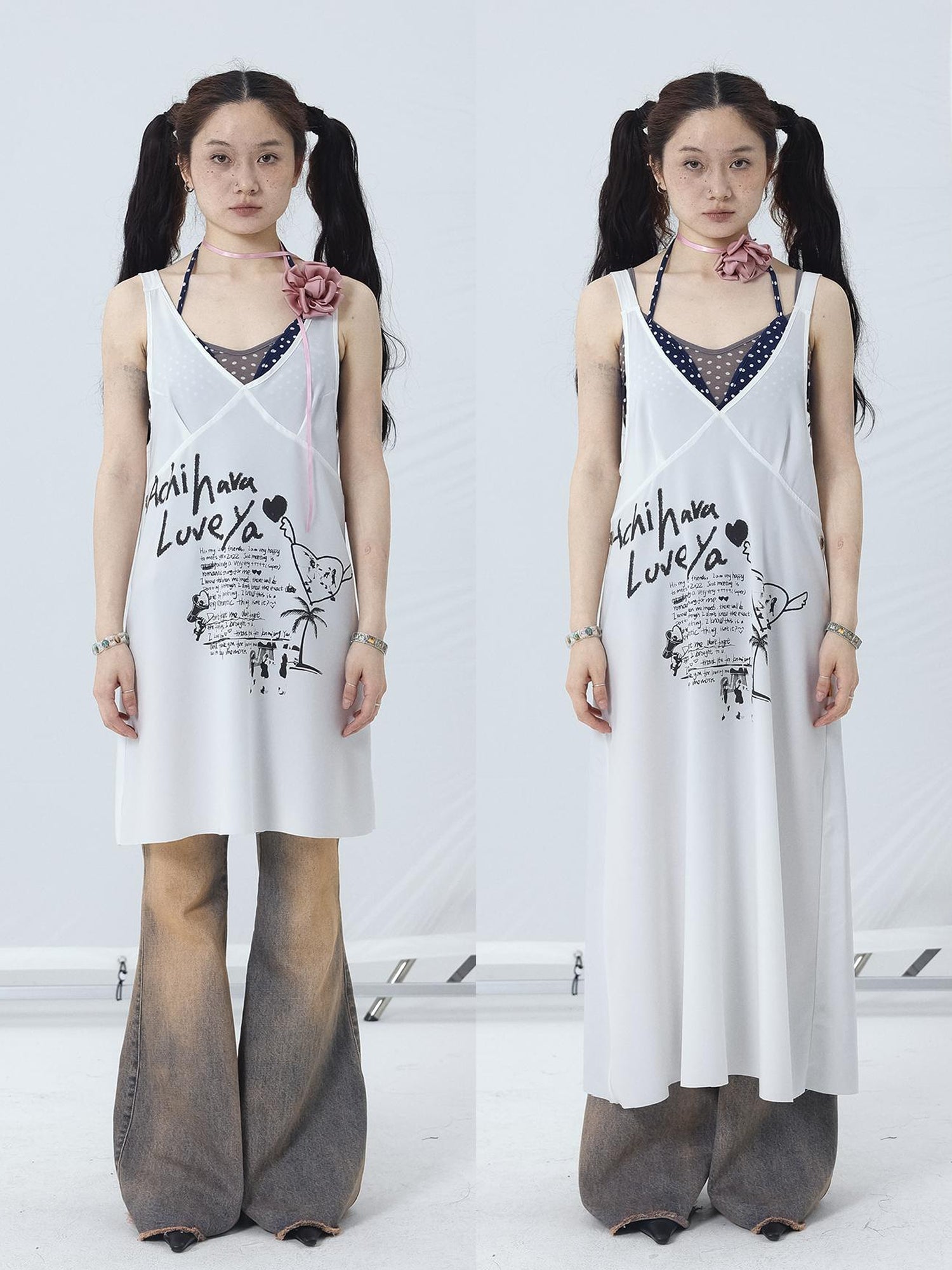 Achihara White Floral Print V-Neck Slip Dress Loose Fit Midi