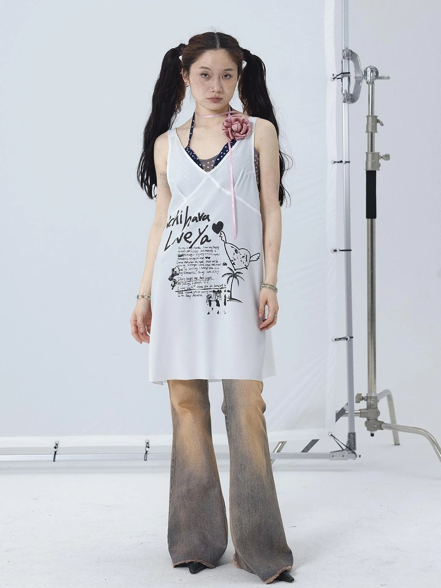 White Floral Print V-Neck Slip Dress Loose Fit Midi