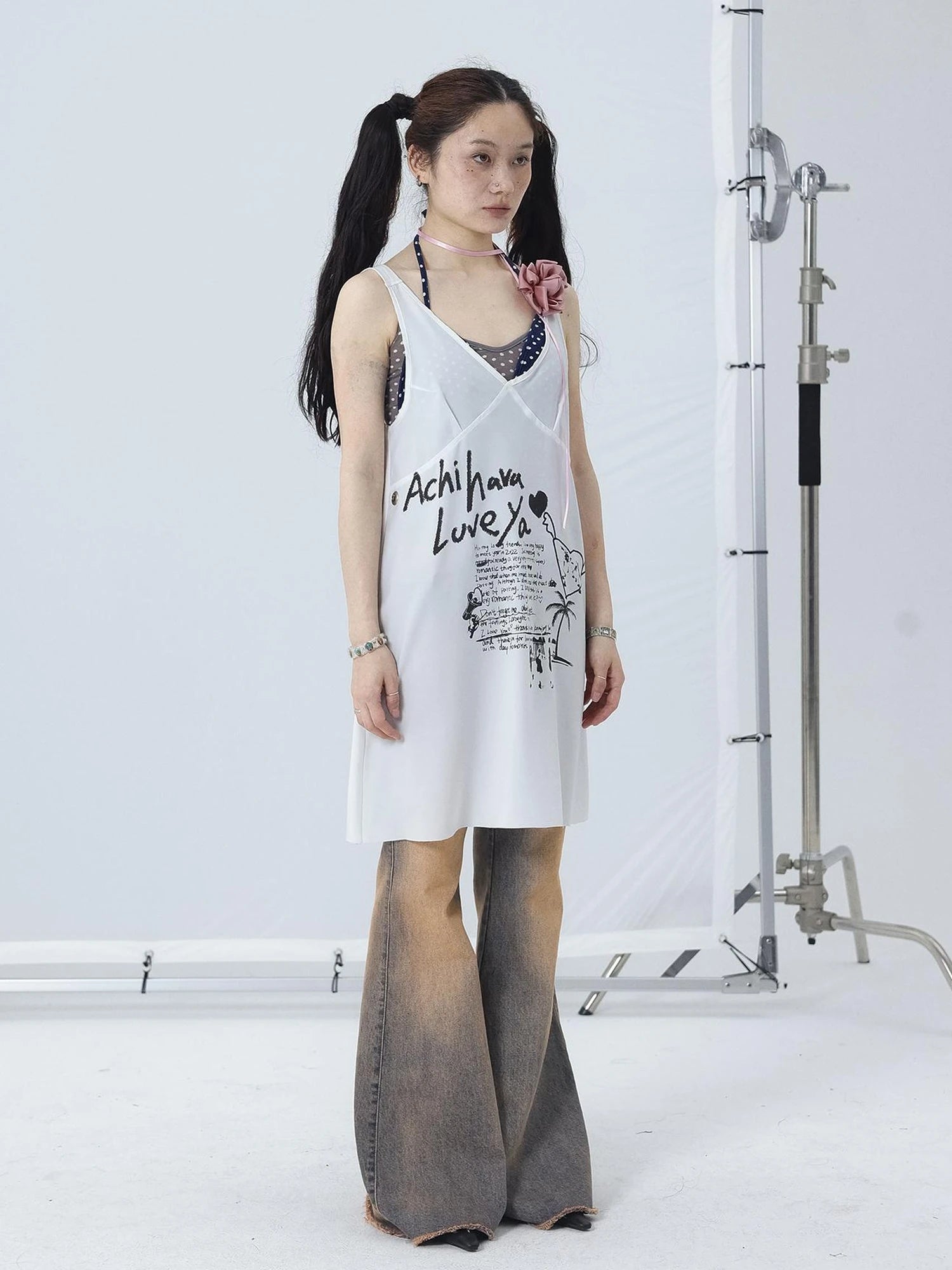 White Floral Print V-Neck Slip Dress Loose Fit Midi