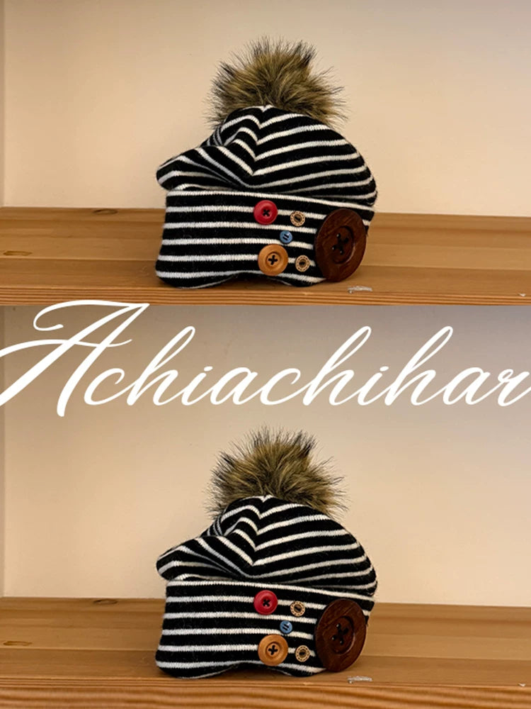 Achihara Windproof Casual Striped Knit Beanie With Button Closure Unisex Black White Hat-3