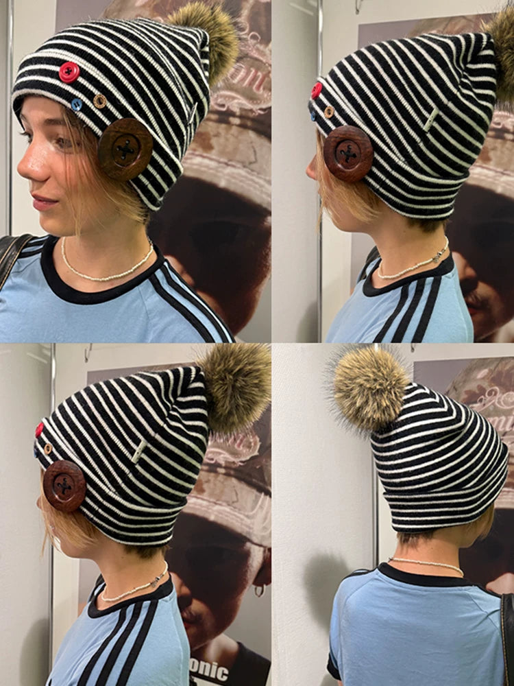 Achihara Windproof Casual Striped Knit Beanie With Button Closure Unisex Black White Hat-4