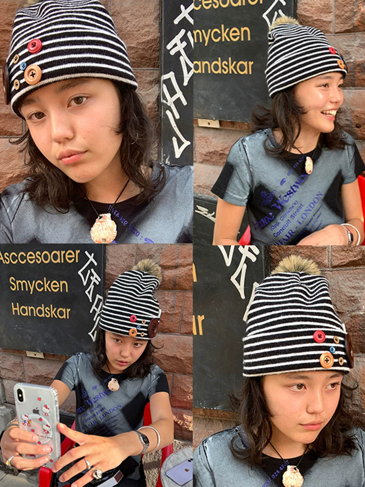 Achihara Windproof Casual Striped Knit Beanie With Button Closure Unisex Black White Hat-5
