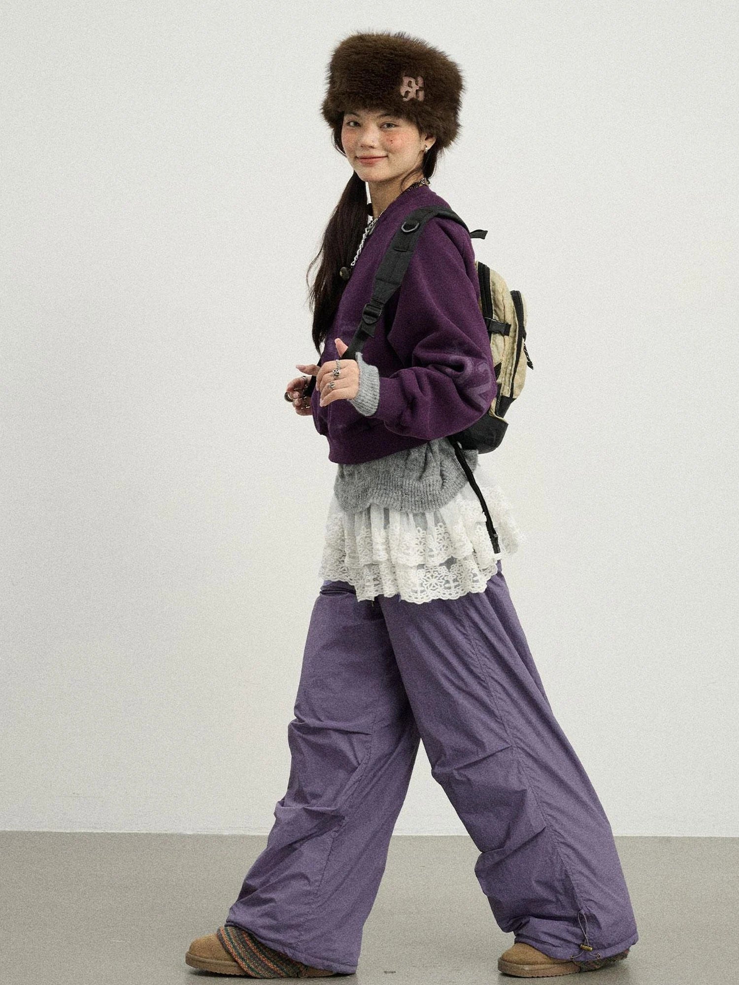 Winter Fleece Cargo Pants Waterproof Wide Leg