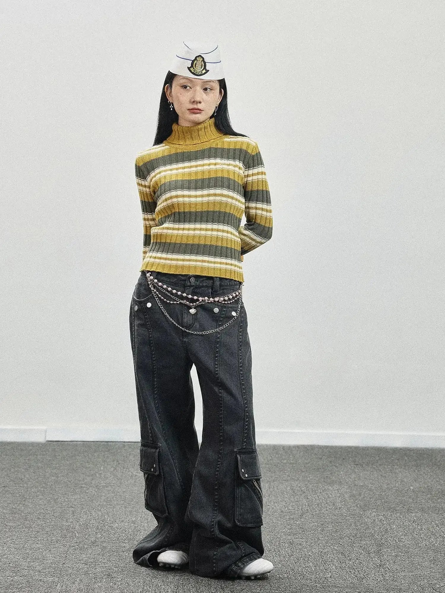 Women Striped Knit Sweater Short Sleeve Round Neck Slim Fit Top