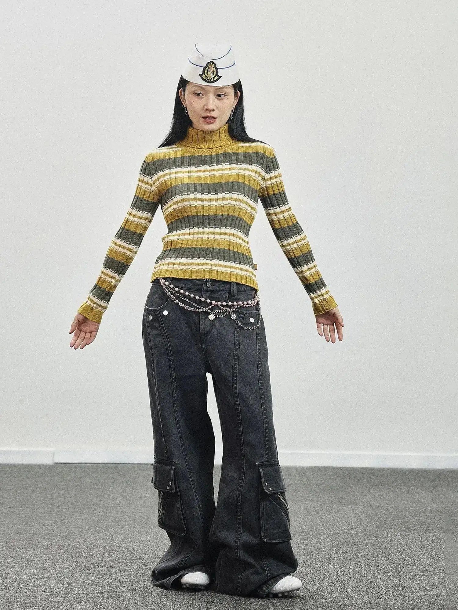 Women Striped Knit Sweater Short Sleeve Round Neck Slim Fit Top
