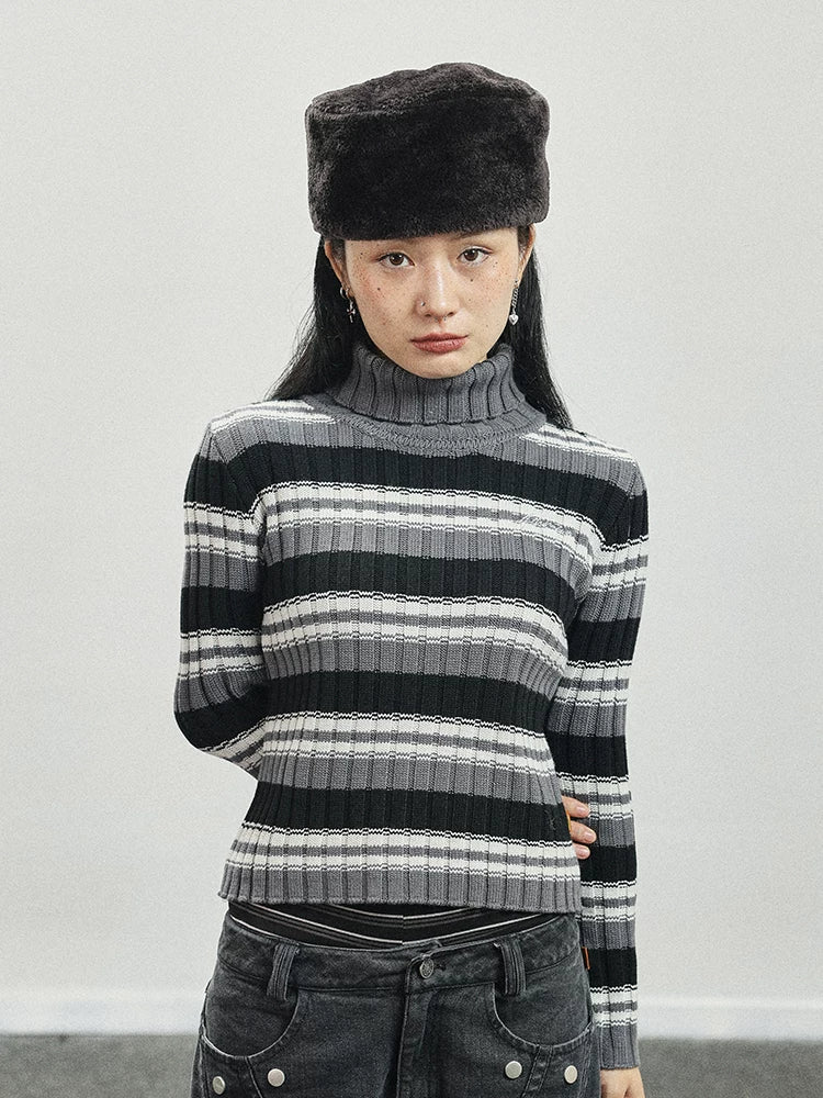 Achihara Women Striped Knit Sweater Short Sleeve Round Neck Slim Fit Top-3
