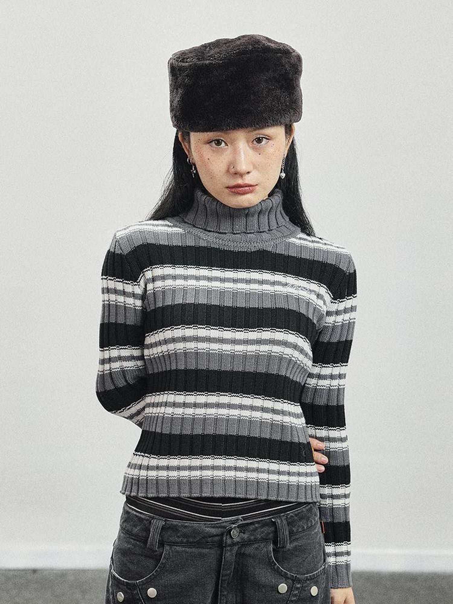 Achihara Women Striped Knit Sweater Short Sleeve Round Neck Slim Fit Top